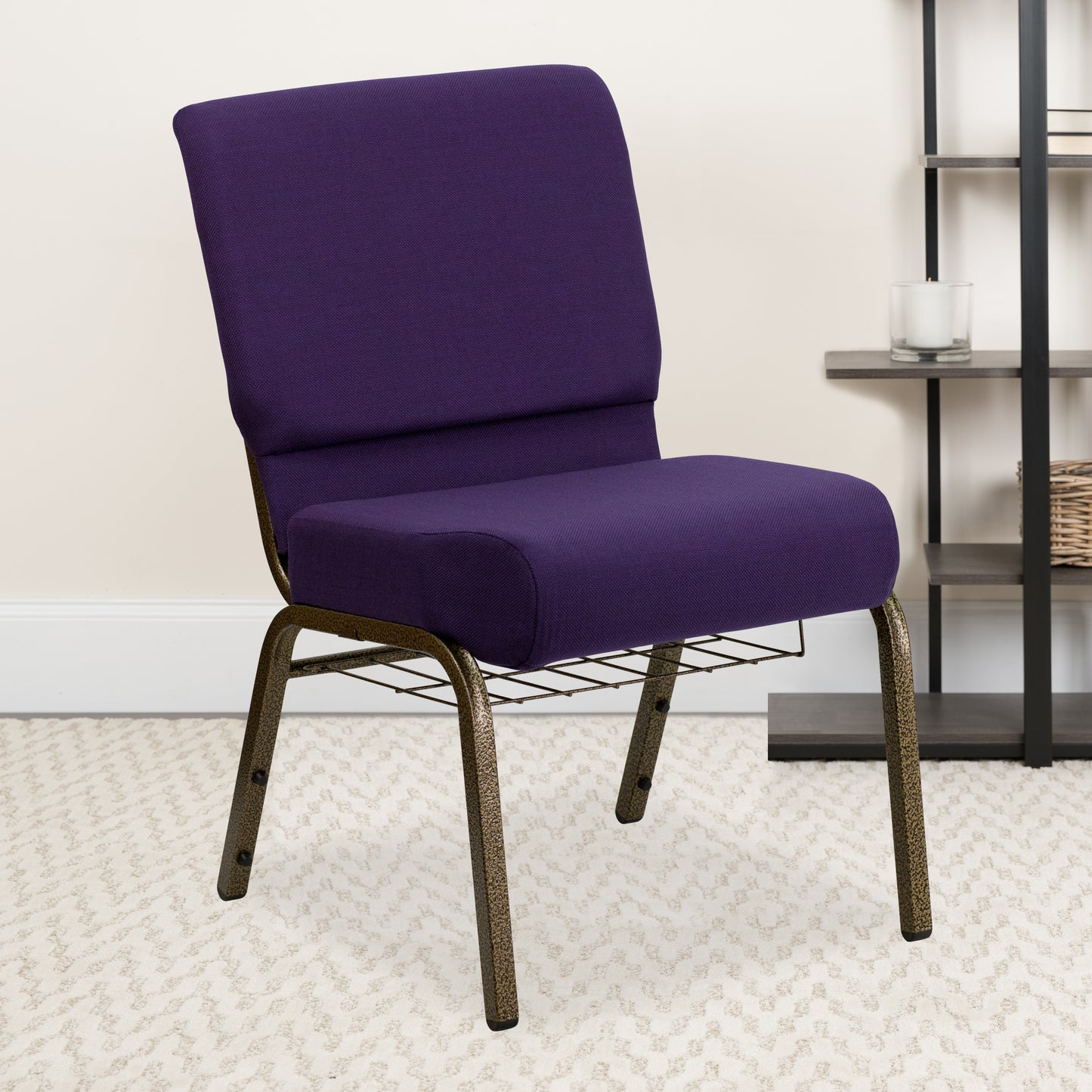HERCULES Series 21''W Church Chair in Royal Purple Fabric with Cup Book Rack - Gold Vein Frame Royal Purple Fabric/Gold Vein Frame