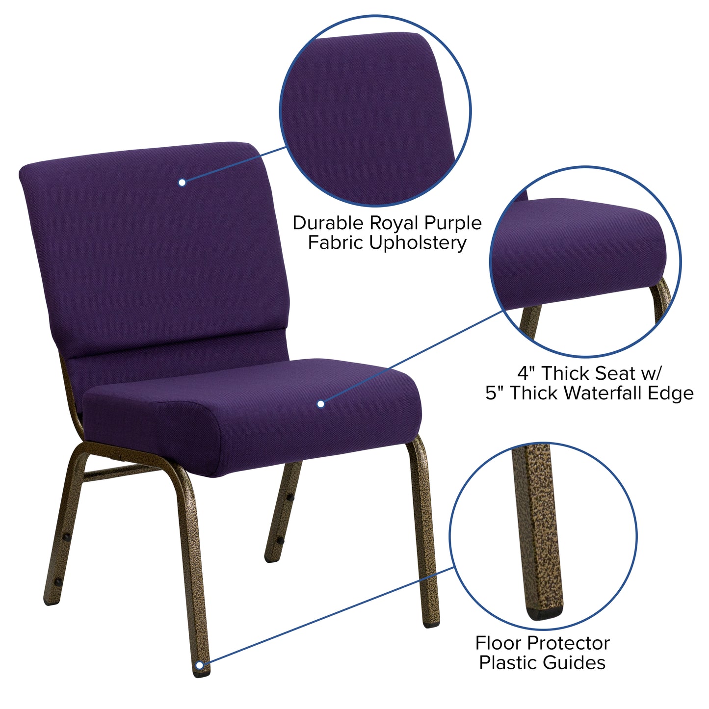HERCULES Series 21''W Stacking Church Chair in Royal Purple Fabric - Gold Vein Frame Royal Purple Fabric/Gold Vein Frame