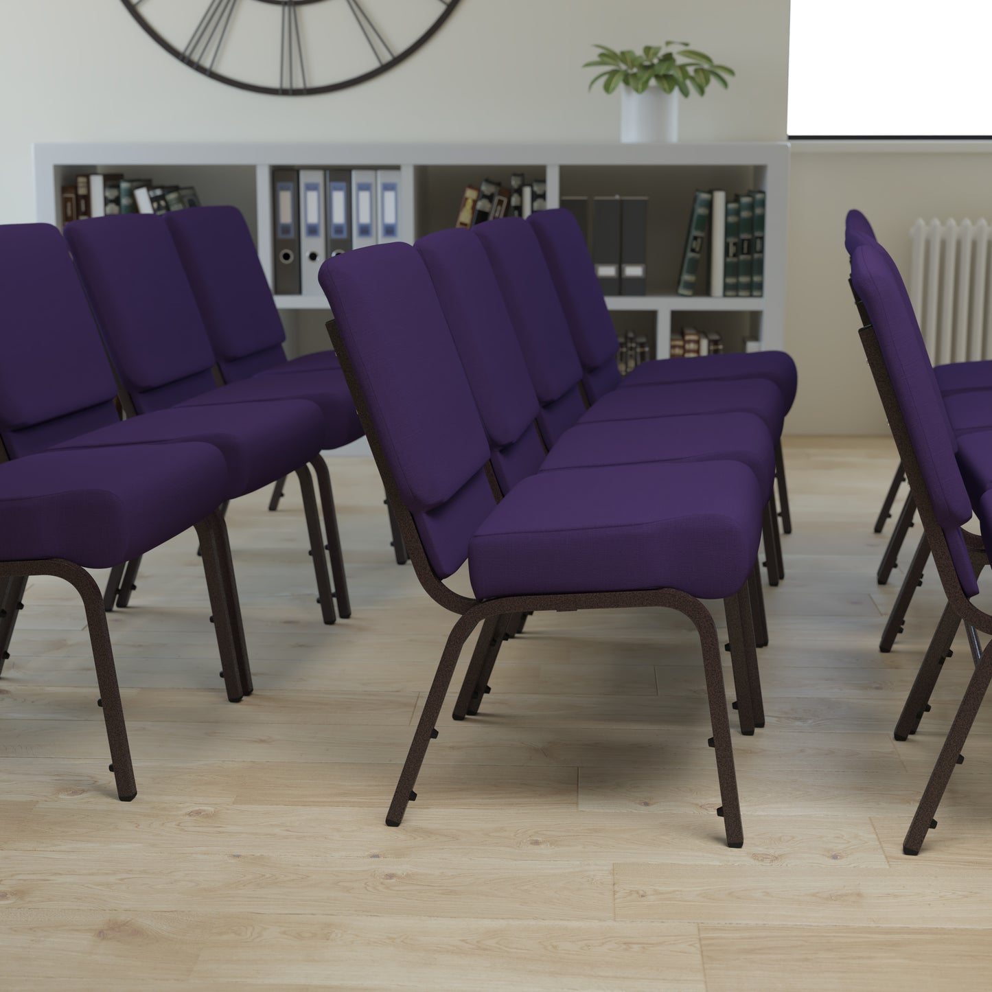 HERCULES Series 21''W Stacking Church Chair in Royal Purple Fabric - Gold Vein Frame Royal Purple Fabric/Gold Vein Frame