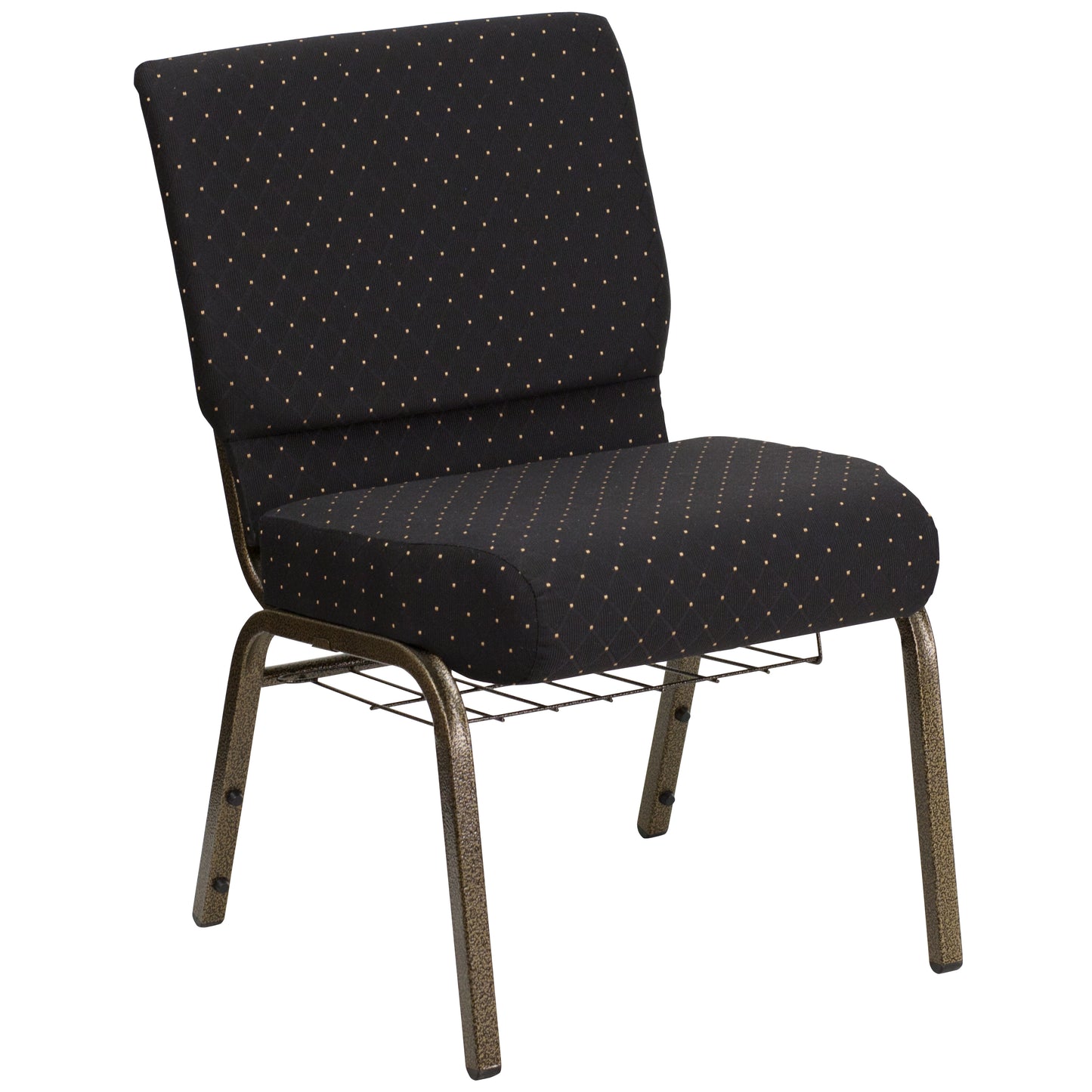 HERCULES Series 21''W Church Chair in Black Dot Patterned Fabric with Cup Book Rack - Gold Vein Frame Black Dot Patterned Fabric/Gold Vein Frame