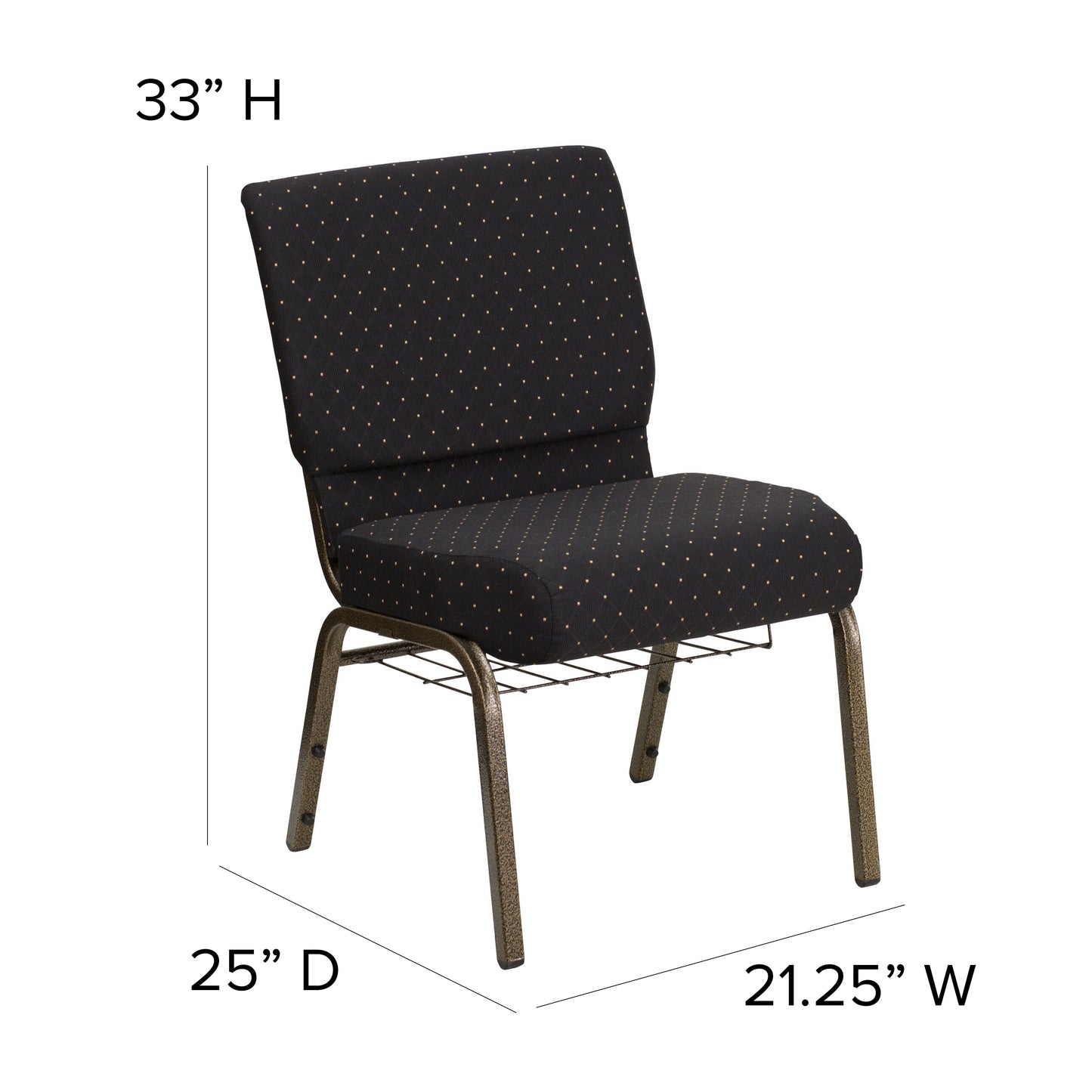 HERCULES Series 21''W Church Chair in Black Dot Patterned Fabric with Cup Book Rack - Gold Vein Frame Black Dot Patterned Fabric/Gold Vein Frame