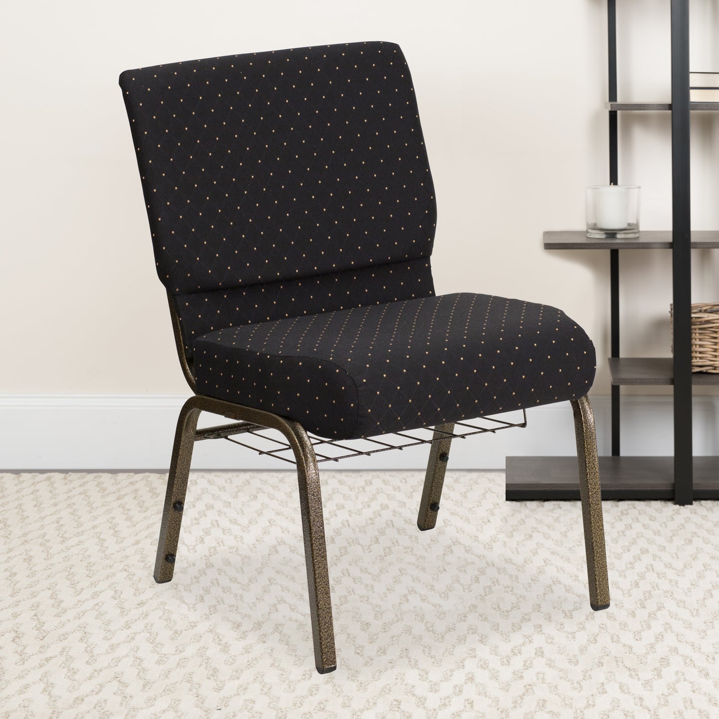 HERCULES Series 21''W Church Chair in Black Dot Patterned Fabric with Cup Book Rack - Gold Vein Frame Black Dot Patterned Fabric/Gold Vein Frame