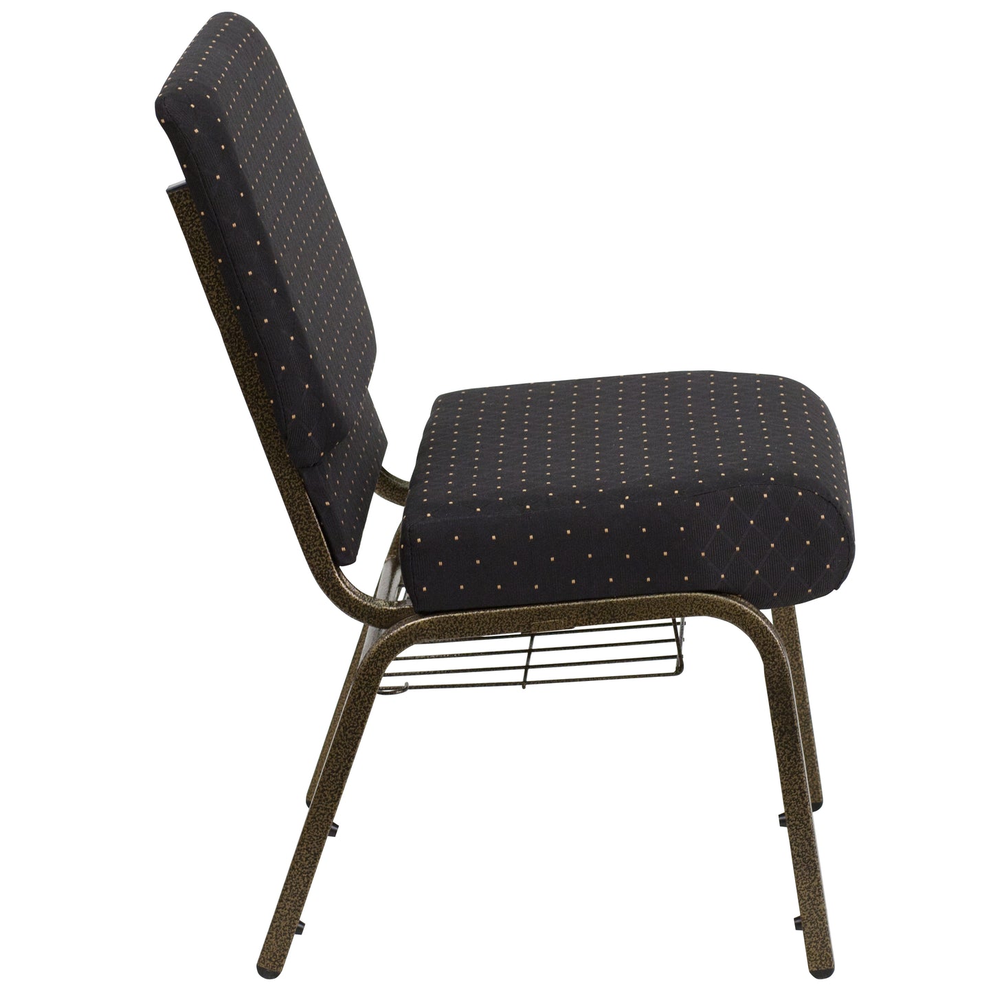 HERCULES Series 21''W Church Chair in Black Dot Patterned Fabric with Cup Book Rack - Gold Vein Frame Black Dot Patterned Fabric/Gold Vein Frame