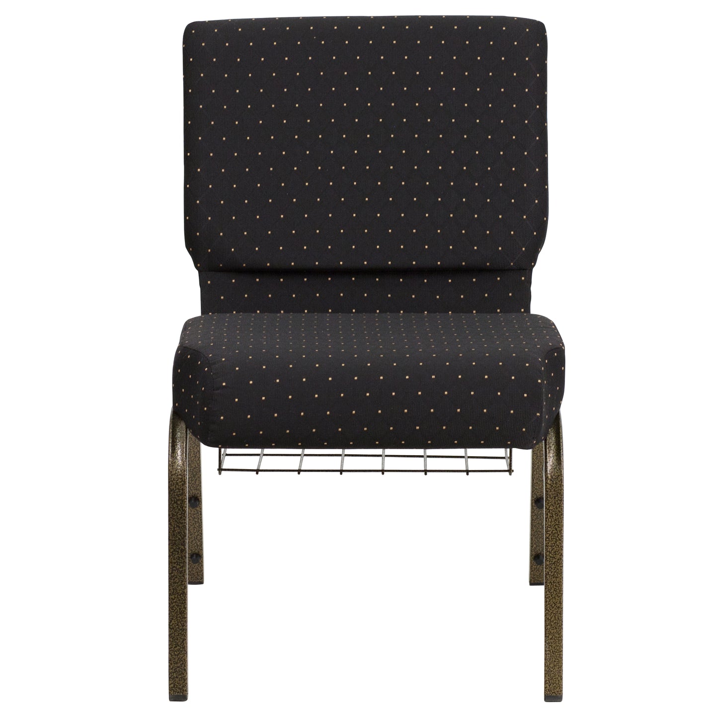 HERCULES Series 21''W Church Chair in Black Dot Patterned Fabric with Cup Book Rack - Gold Vein Frame Black Dot Patterned Fabric/Gold Vein Frame