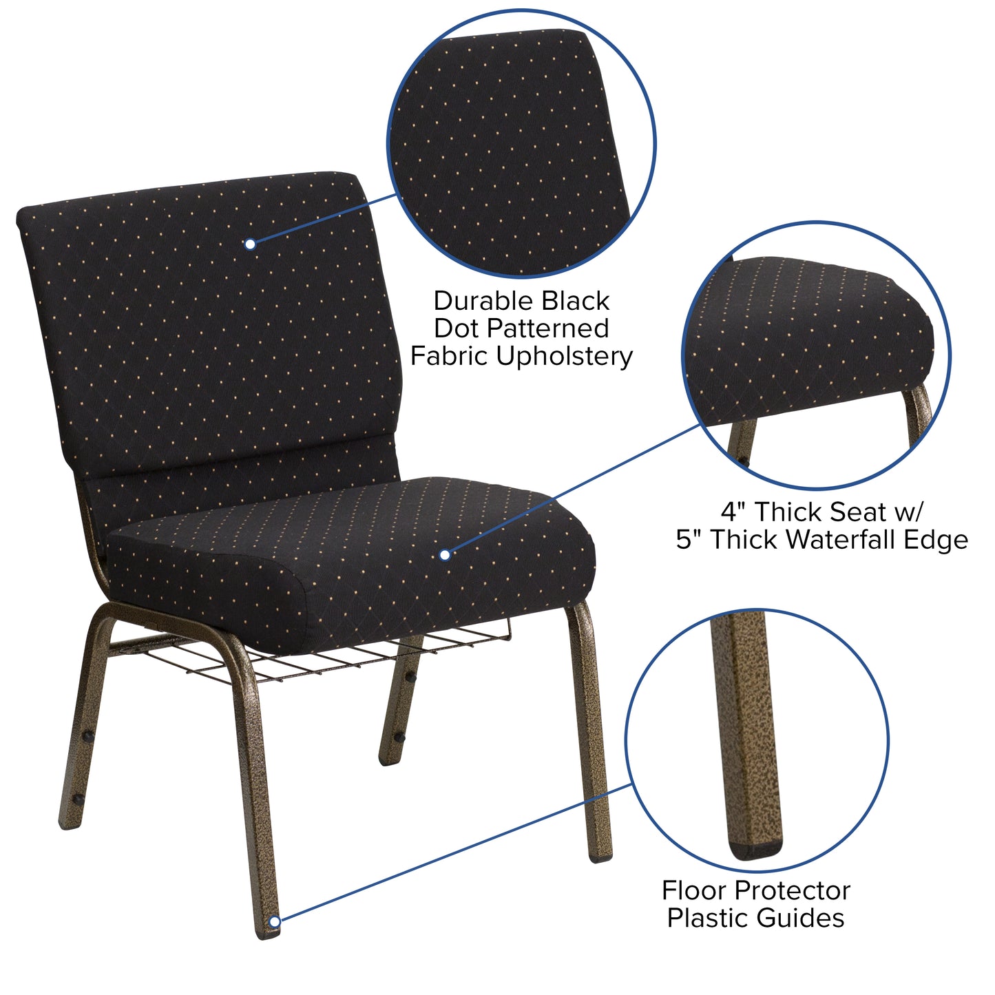HERCULES Series 21''W Church Chair in Black Dot Patterned Fabric with Cup Book Rack - Gold Vein Frame Black Dot Patterned Fabric/Gold Vein Frame
