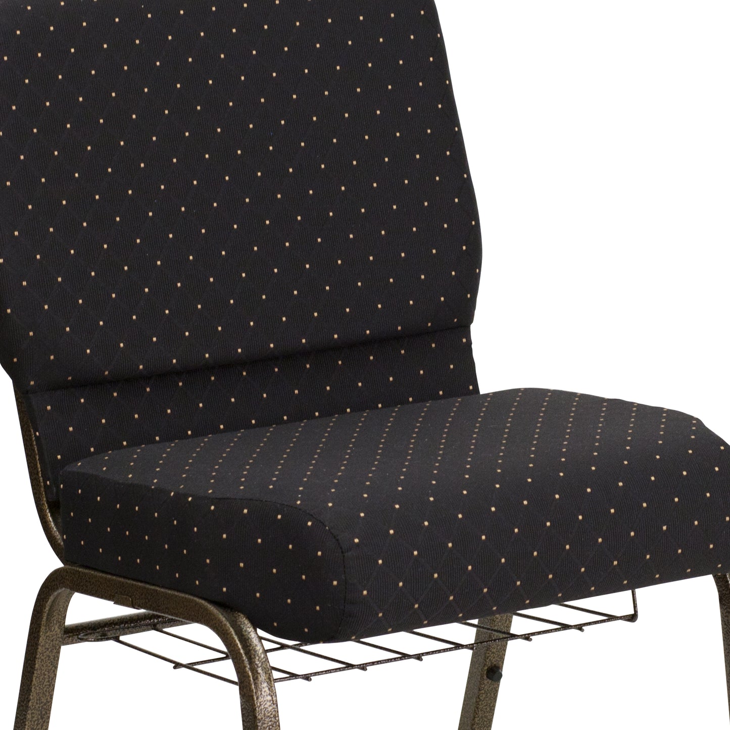 HERCULES Series 21''W Church Chair in Black Dot Patterned Fabric with Cup Book Rack - Gold Vein Frame Black Dot Patterned Fabric/Gold Vein Frame