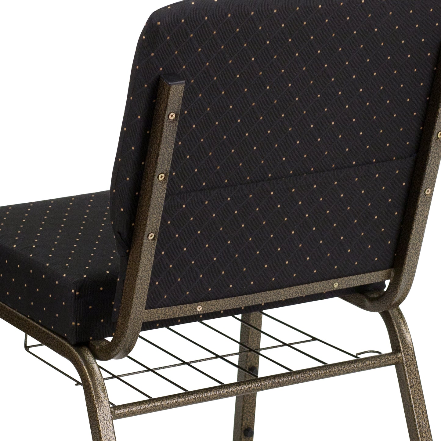 HERCULES Series 21''W Church Chair in Black Dot Patterned Fabric with Cup Book Rack - Gold Vein Frame Black Dot Patterned Fabric/Gold Vein Frame