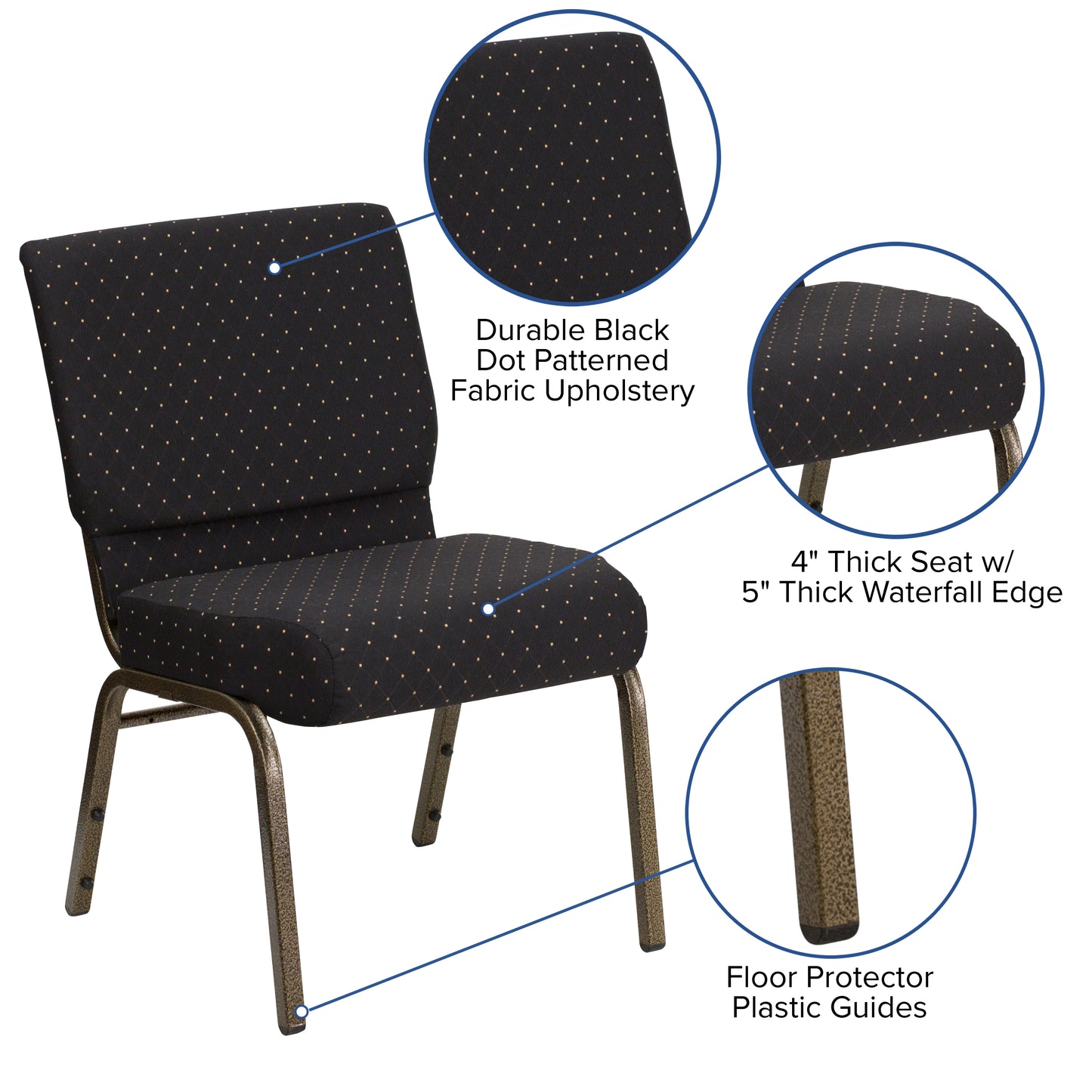 HERCULES Series 21''W Stacking Church Chair in Black Dot Patterned Fabric - Gold Vein Frame Black Dot Patterned Fabric/Gold Vein Frame