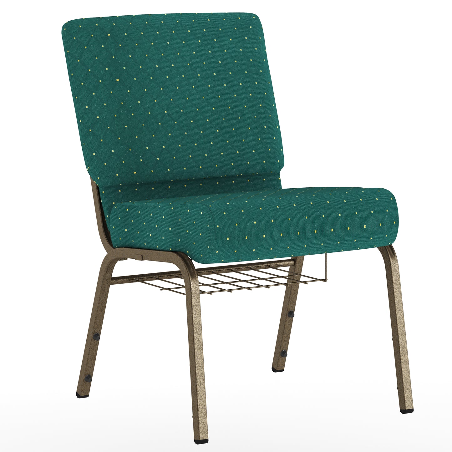 HERCULES Series 21''W Church Chair in Hunter Green Dot Patterned Fabric with Book Rack - Gold Vein Frame Hunter Green Dot Patterned Fabric/Gold Vein Frame
