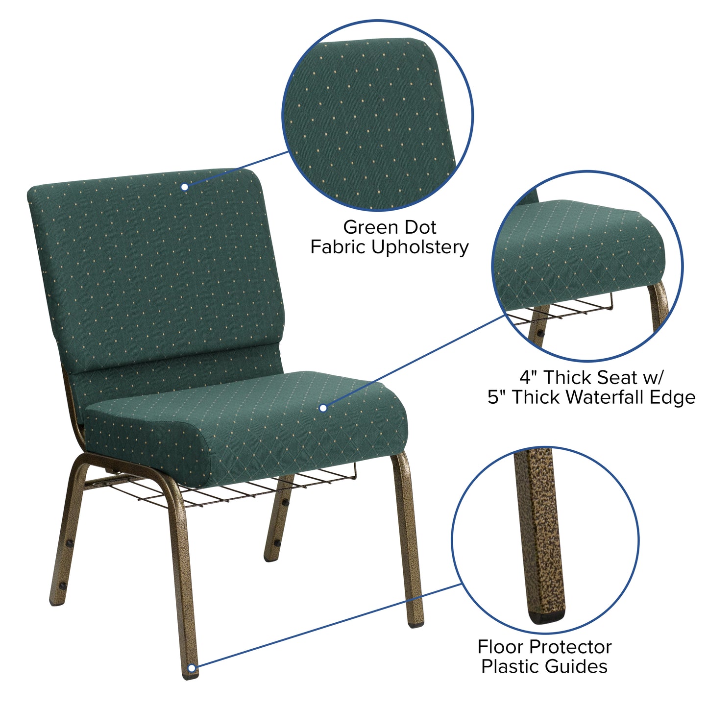 HERCULES Series 21''W Church Chair in Hunter Green Dot Patterned Fabric with Book Rack - Gold Vein Frame Hunter Green Dot Patterned Fabric/Gold Vein Frame