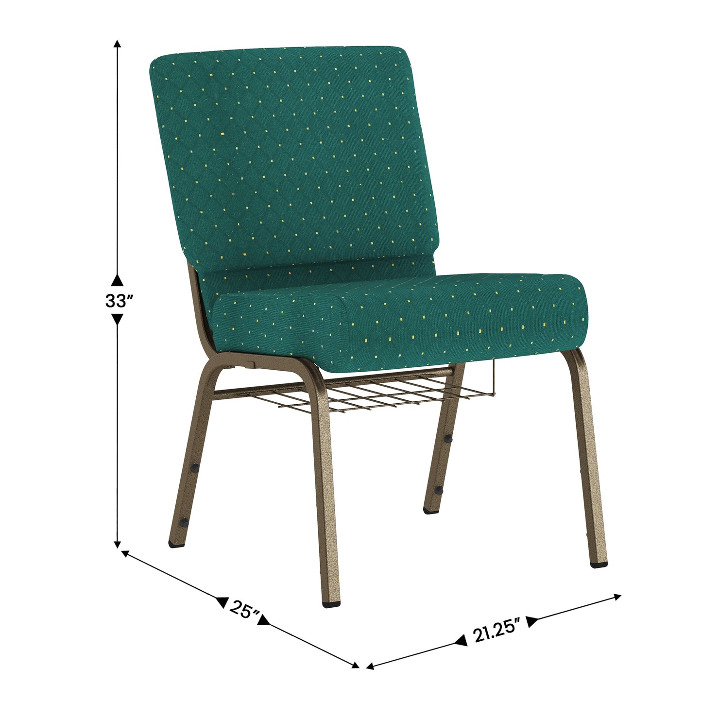 HERCULES Series 21''W Church Chair in Hunter Green Dot Patterned Fabric with Book Rack - Gold Vein Frame Hunter Green Dot Patterned Fabric/Gold Vein Frame
