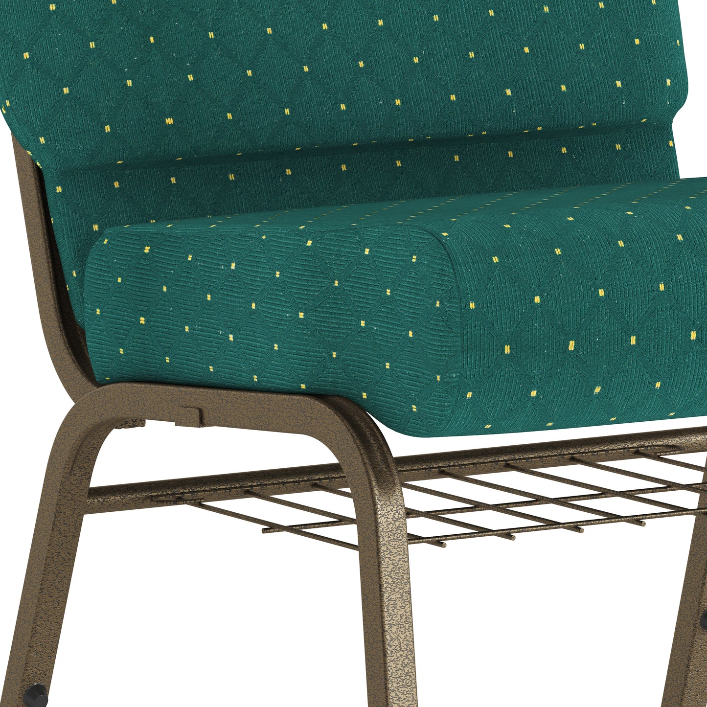 HERCULES Series 21''W Church Chair in Hunter Green Dot Patterned Fabric with Book Rack - Gold Vein Frame Hunter Green Dot Patterned Fabric/Gold Vein Frame