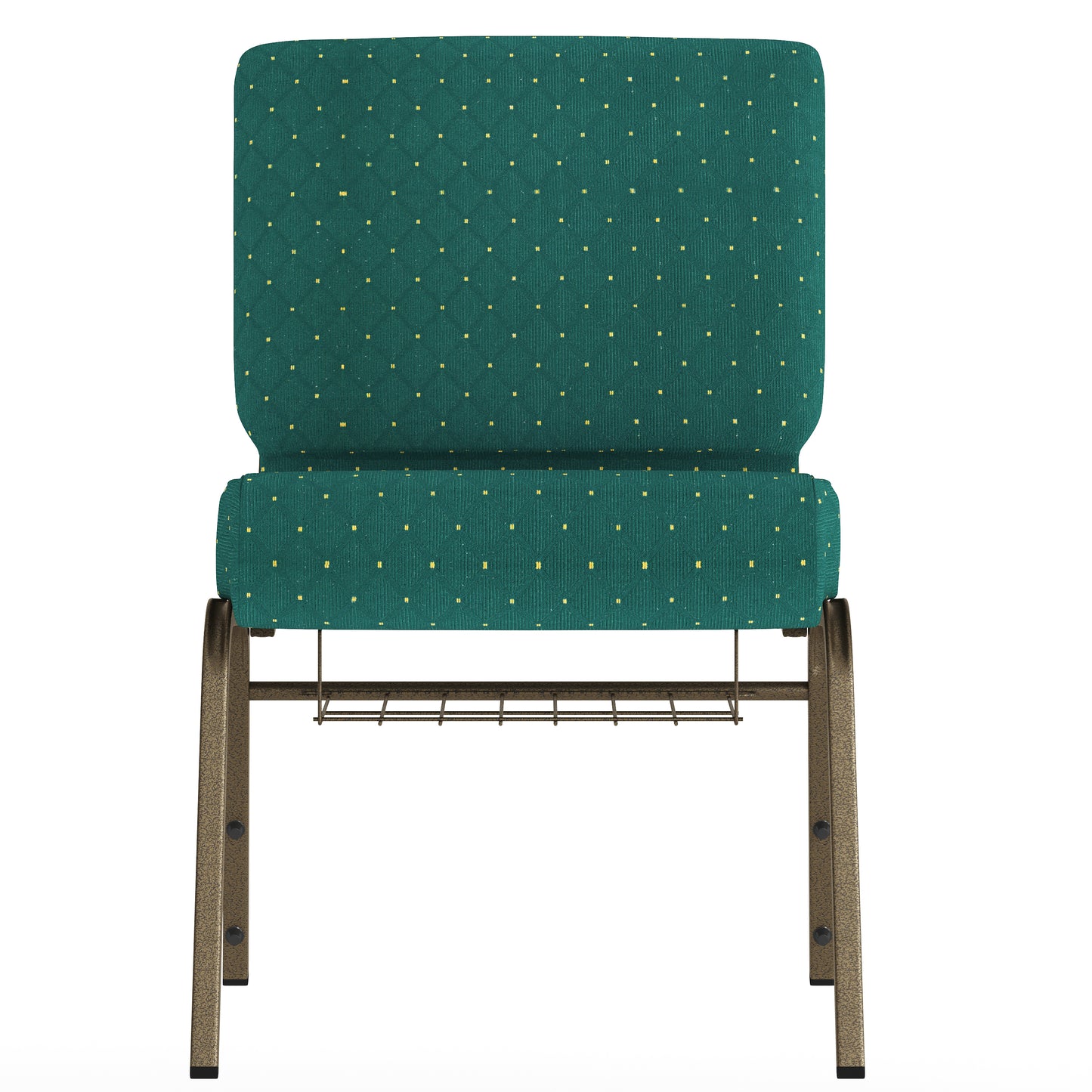HERCULES Series 21''W Church Chair in Hunter Green Dot Patterned Fabric with Book Rack - Gold Vein Frame Hunter Green Dot Patterned Fabric/Gold Vein Frame