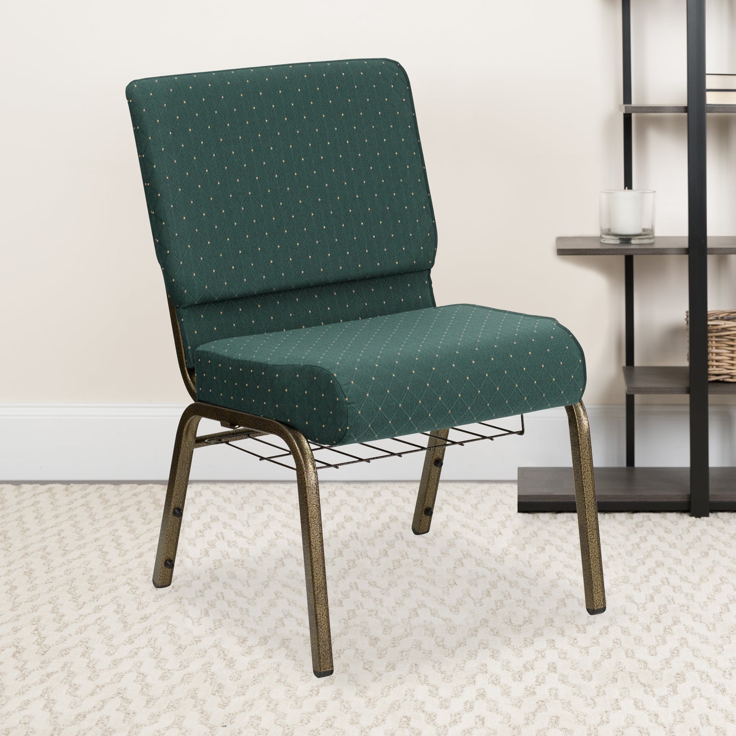 HERCULES Series 21''W Church Chair in Hunter Green Dot Patterned Fabric with Book Rack - Gold Vein Frame Hunter Green Dot Patterned Fabric/Gold Vein Frame