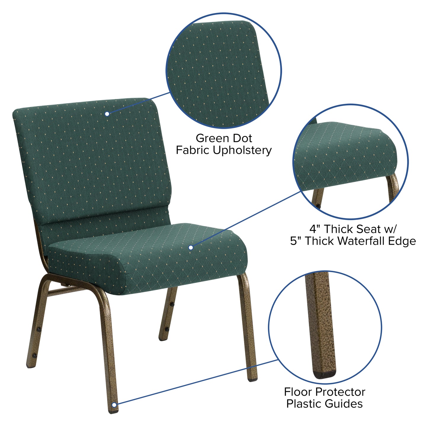 HERCULES Series 21''W Stacking Church Chair in Hunter Green Dot Patterned Fabric - Gold Vein Frame Hunter Green Dot Patterned Fabric/Gold Vein Frame
