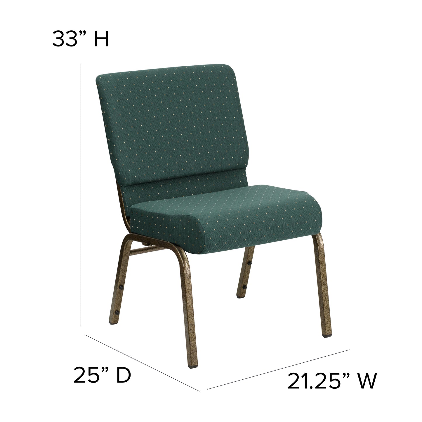 HERCULES Series 21''W Stacking Church Chair in Hunter Green Dot Patterned Fabric - Gold Vein Frame Hunter Green Dot Patterned Fabric/Gold Vein Frame