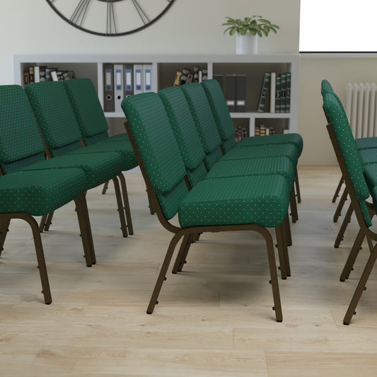 HERCULES Series 21''W Stacking Church Chair in Hunter Green Dot Patterned Fabric - Gold Vein Frame Hunter Green Dot Patterned Fabric/Gold Vein Frame