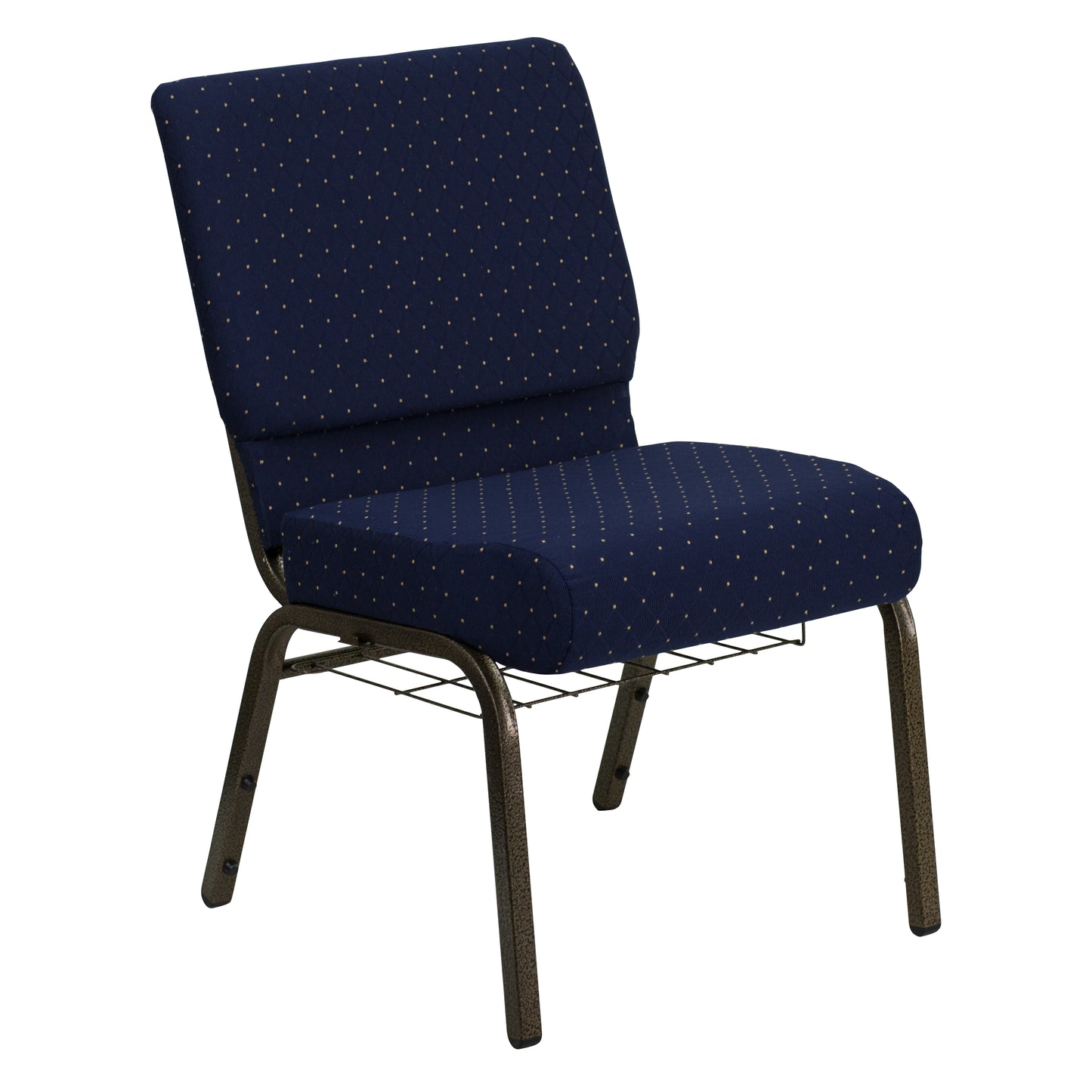 HERCULES Series 21''W Church Chair in Navy Blue Dot Patterned Fabric with Book Rack - Gold Vein Frame Navy Blue Dot Patterned Fabric/Gold Vein Frame