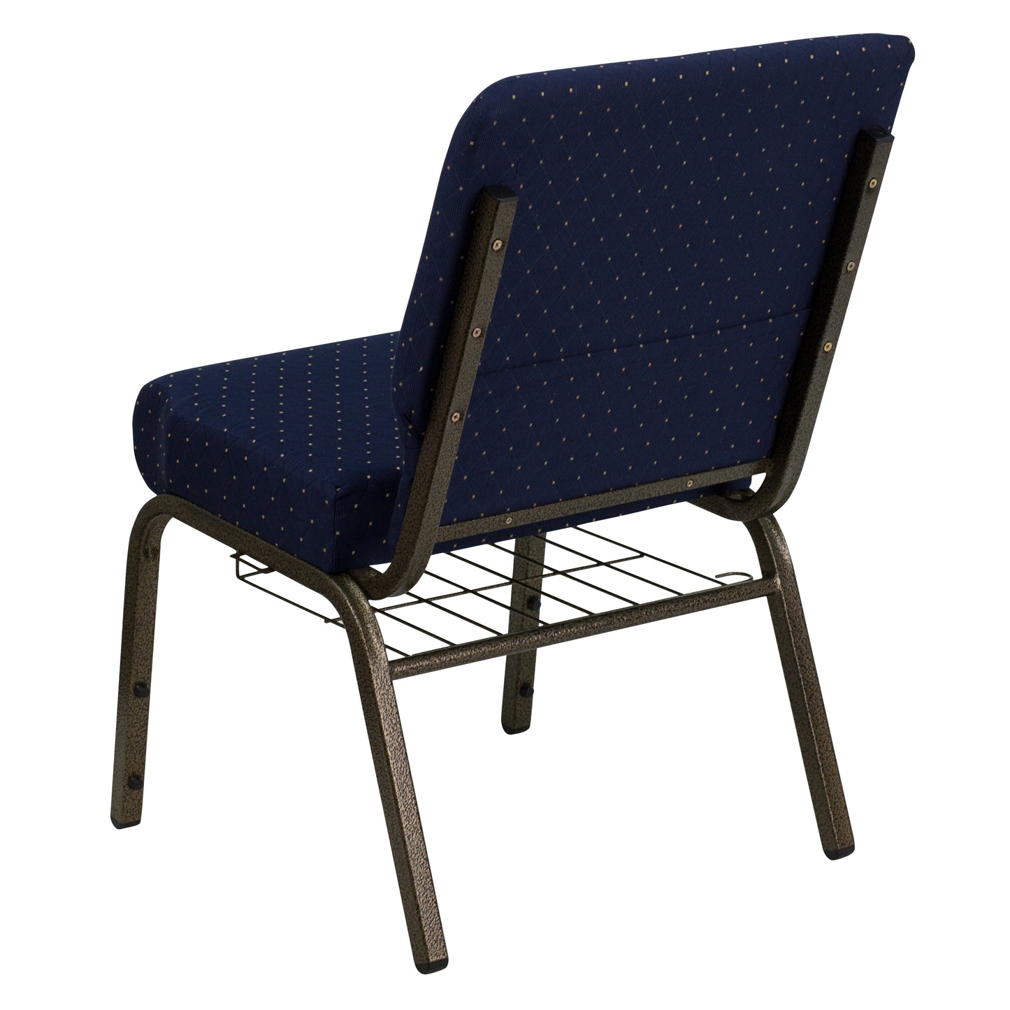 HERCULES Series 21''W Church Chair in Navy Blue Dot Patterned Fabric with Book Rack - Gold Vein Frame Navy Blue Dot Patterned Fabric/Gold Vein Frame