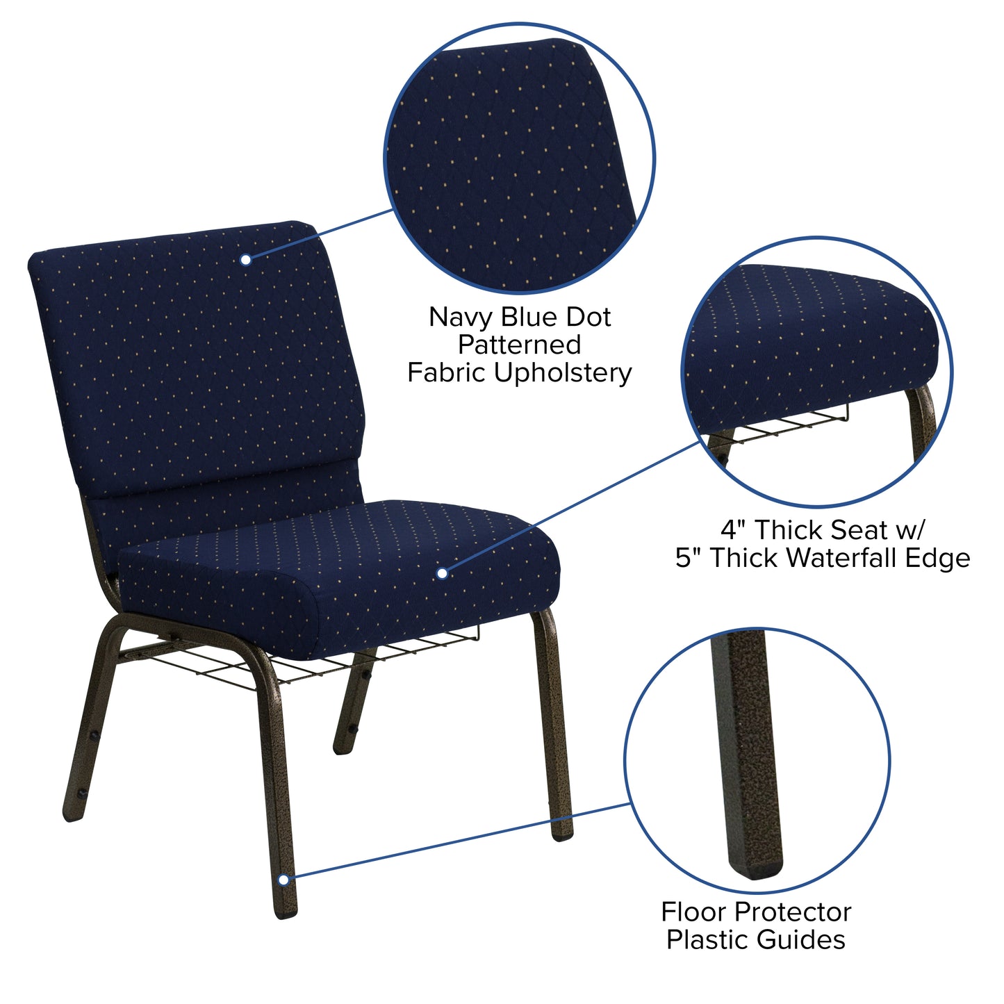 HERCULES Series 21''W Church Chair in Navy Blue Dot Patterned Fabric with Book Rack - Gold Vein Frame Navy Blue Dot Patterned Fabric/Gold Vein Frame