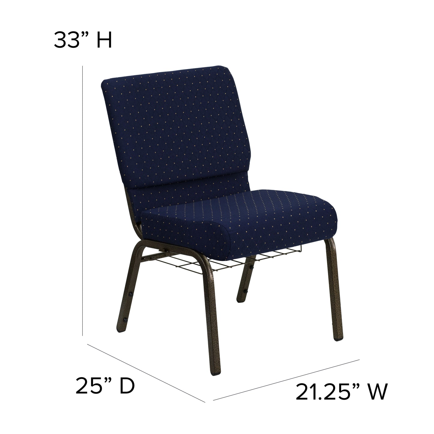 HERCULES Series 21''W Church Chair in Navy Blue Dot Patterned Fabric with Book Rack - Gold Vein Frame Navy Blue Dot Patterned Fabric/Gold Vein Frame