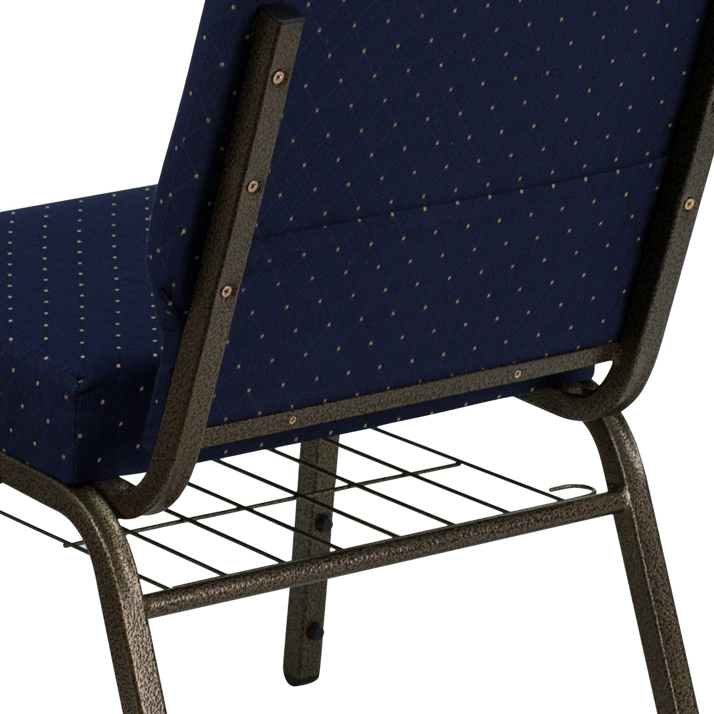 HERCULES Series 21''W Church Chair in Navy Blue Dot Patterned Fabric with Book Rack - Gold Vein Frame Navy Blue Dot Patterned Fabric/Gold Vein Frame