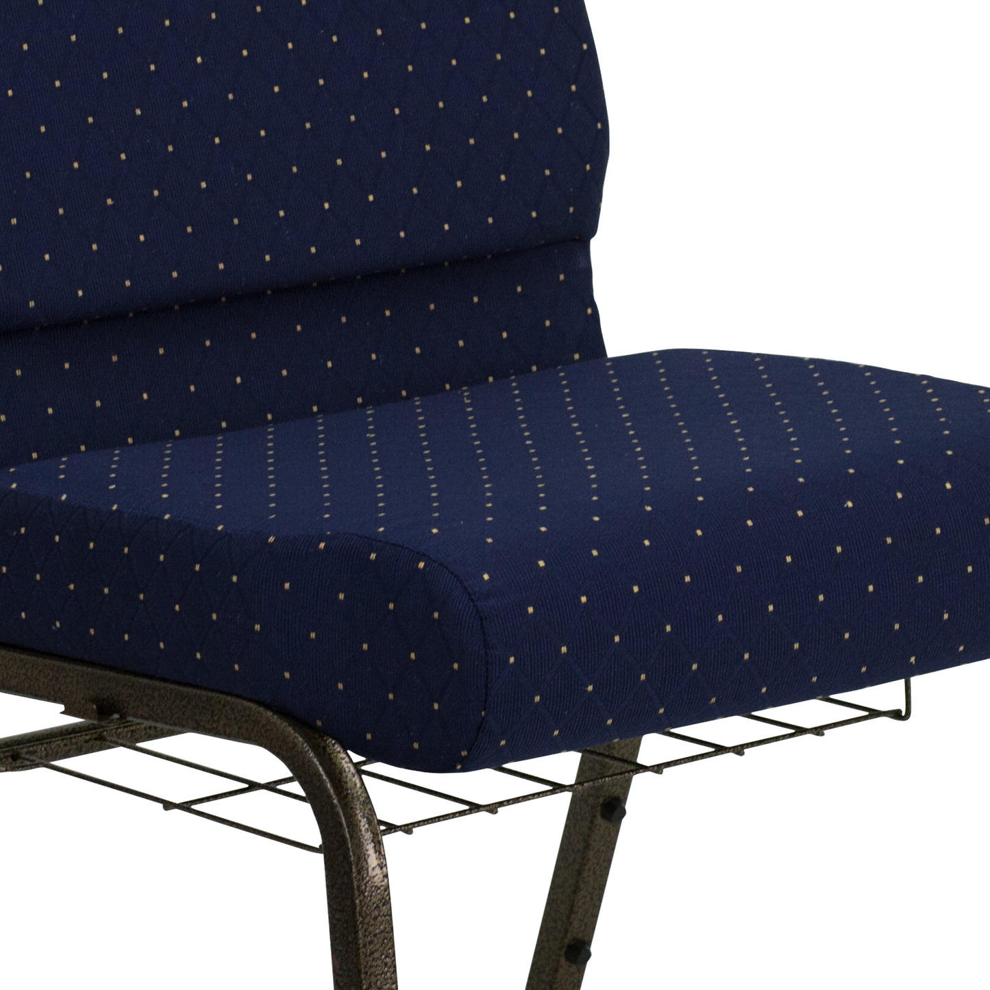 HERCULES Series 21''W Church Chair in Navy Blue Dot Patterned Fabric with Book Rack - Gold Vein Frame Navy Blue Dot Patterned Fabric/Gold Vein Frame