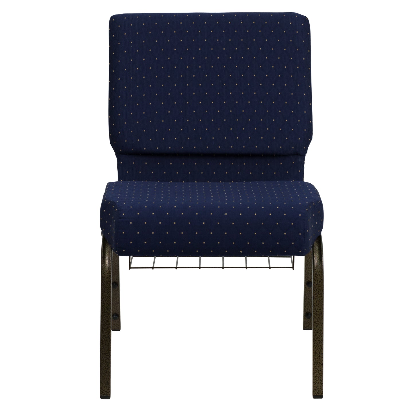 HERCULES Series 21''W Church Chair in Navy Blue Dot Patterned Fabric with Book Rack - Gold Vein Frame Navy Blue Dot Patterned Fabric/Gold Vein Frame