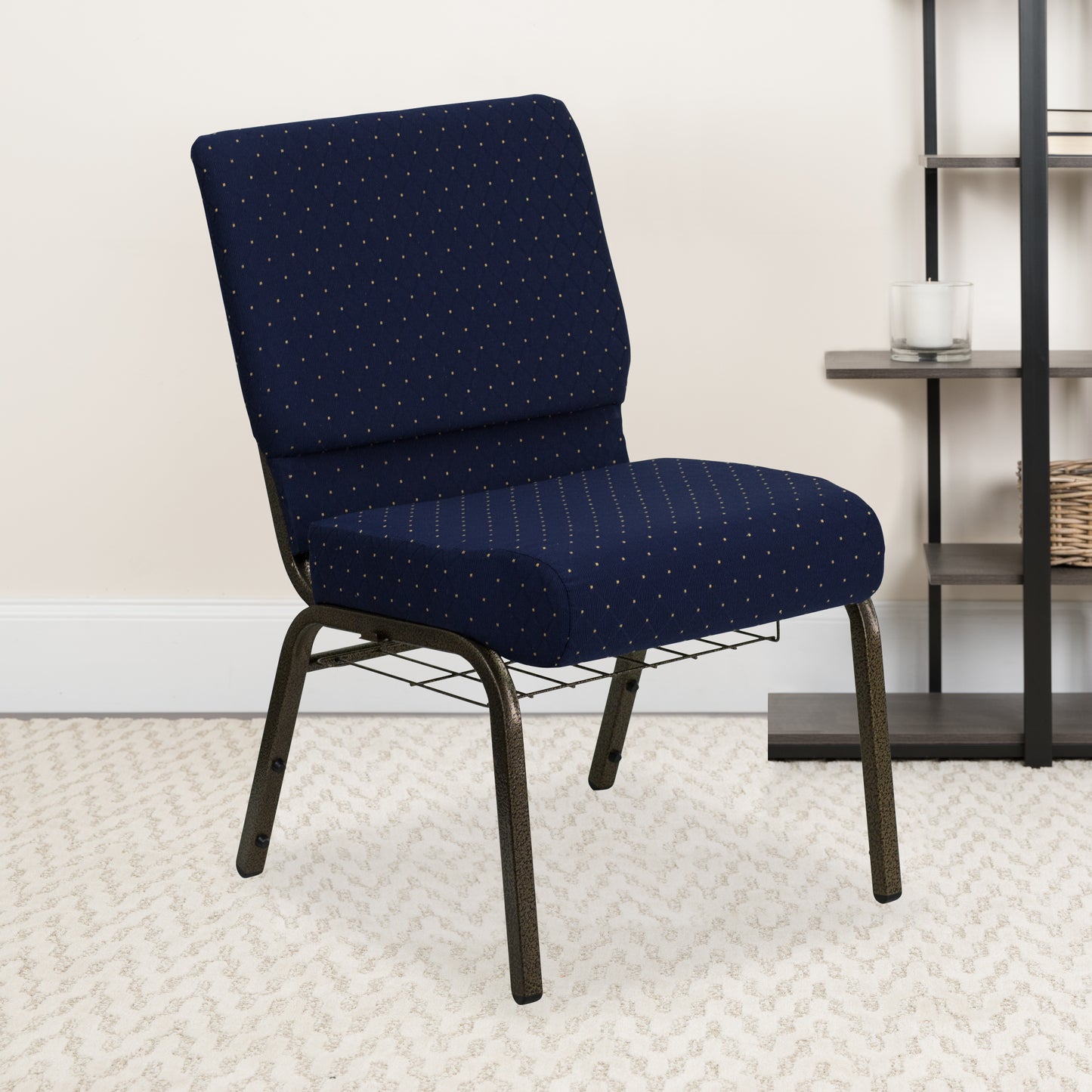 HERCULES Series 21''W Church Chair in Navy Blue Dot Patterned Fabric with Book Rack - Gold Vein Frame Navy Blue Dot Patterned Fabric/Gold Vein Frame
