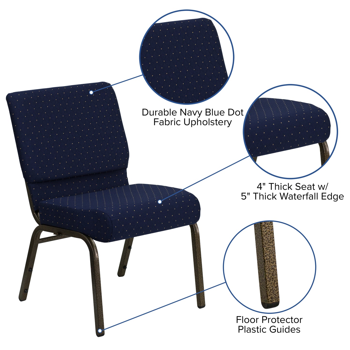 HERCULES Series 21''W Stacking Church Chair in Navy Blue Dot Patterned Fabric - Gold Vein Frame Navy Blue Dot Patterned Fabric/Gold Vein Frame