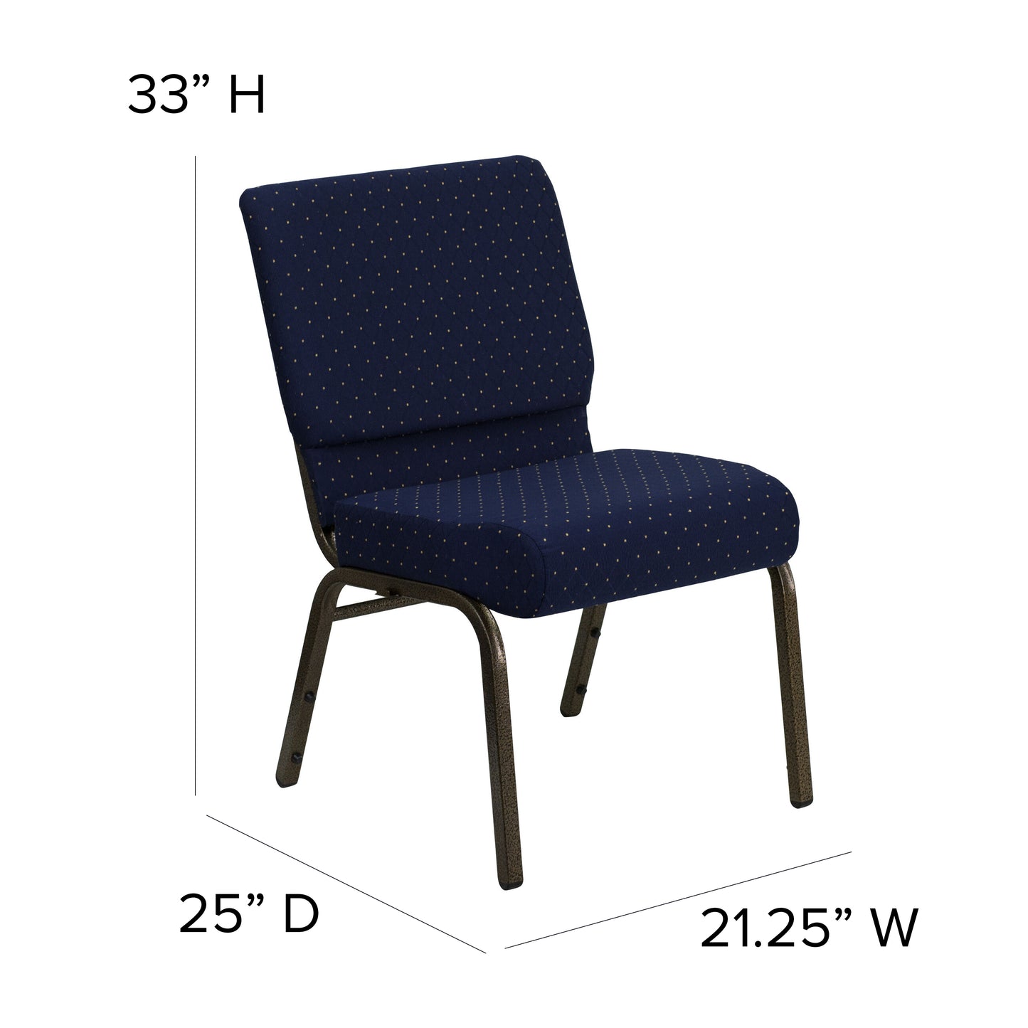 HERCULES Series 21''W Stacking Church Chair in Navy Blue Dot Patterned Fabric - Gold Vein Frame Navy Blue Dot Patterned Fabric/Gold Vein Frame