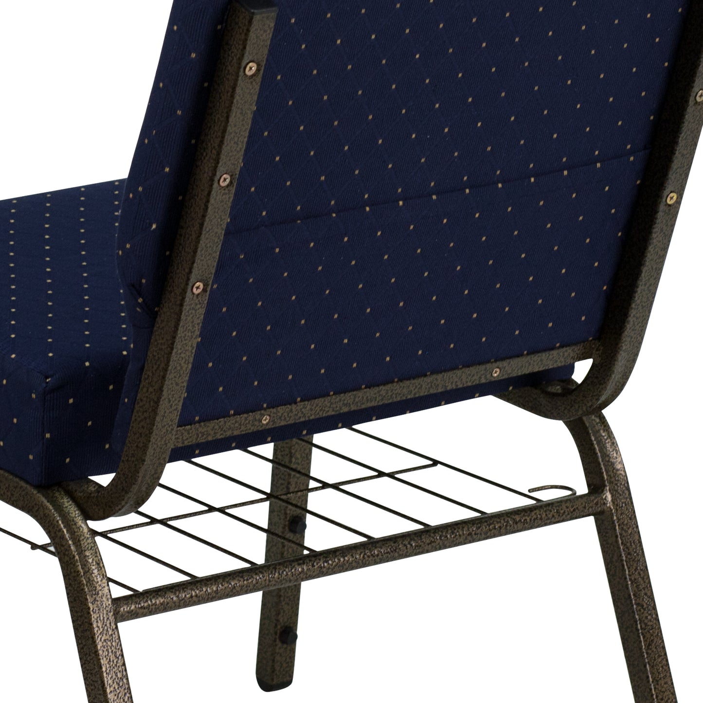 HERCULES Series 21''W Stacking Church Chair in Navy Blue Dot Patterned Fabric - Gold Vein Frame Navy Blue Dot Patterned Fabric/Gold Vein Frame