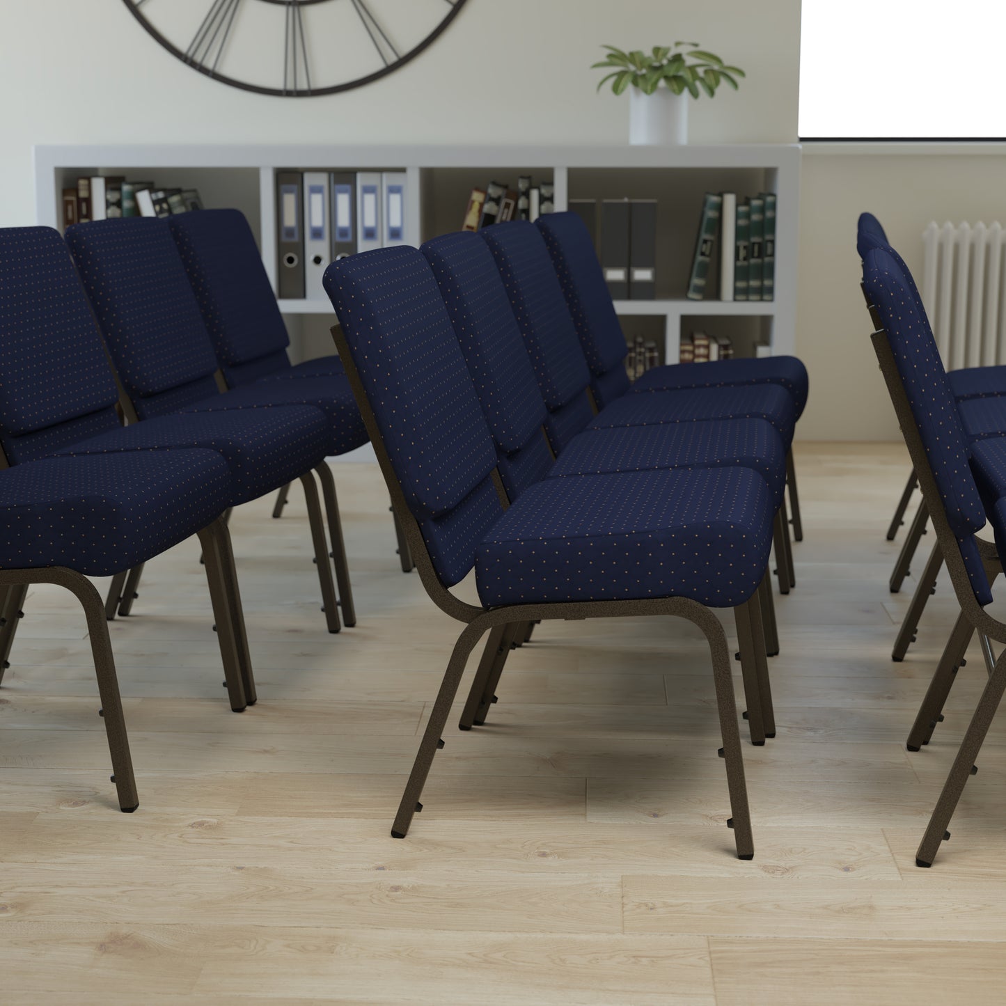 HERCULES Series 21''W Stacking Church Chair in Navy Blue Dot Patterned Fabric - Gold Vein Frame Navy Blue Dot Patterned Fabric/Gold Vein Frame