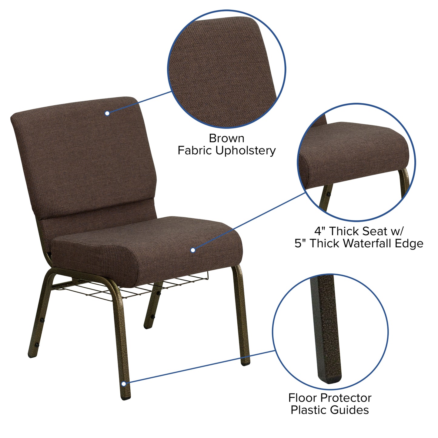 HERCULES Series 21''W Church Chair in Brown Fabric with Cup Book Rack - Gold Vein Frame Brown Fabric/Gold Vein Frame