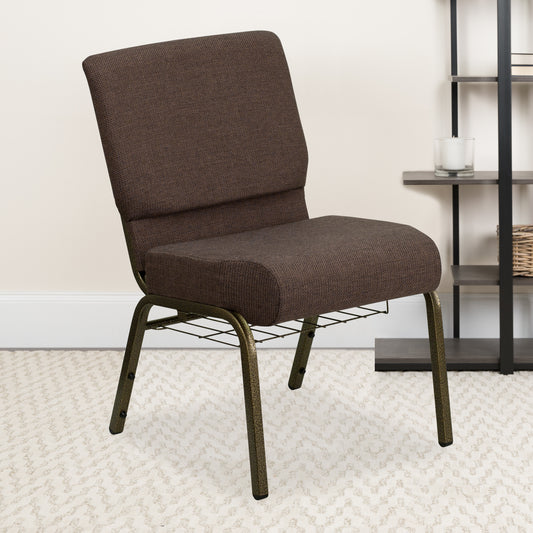 HERCULES Series 21''W Church Chair in Brown Fabric with Cup Book Rack - Gold Vein Frame Brown Fabric/Gold Vein Frame