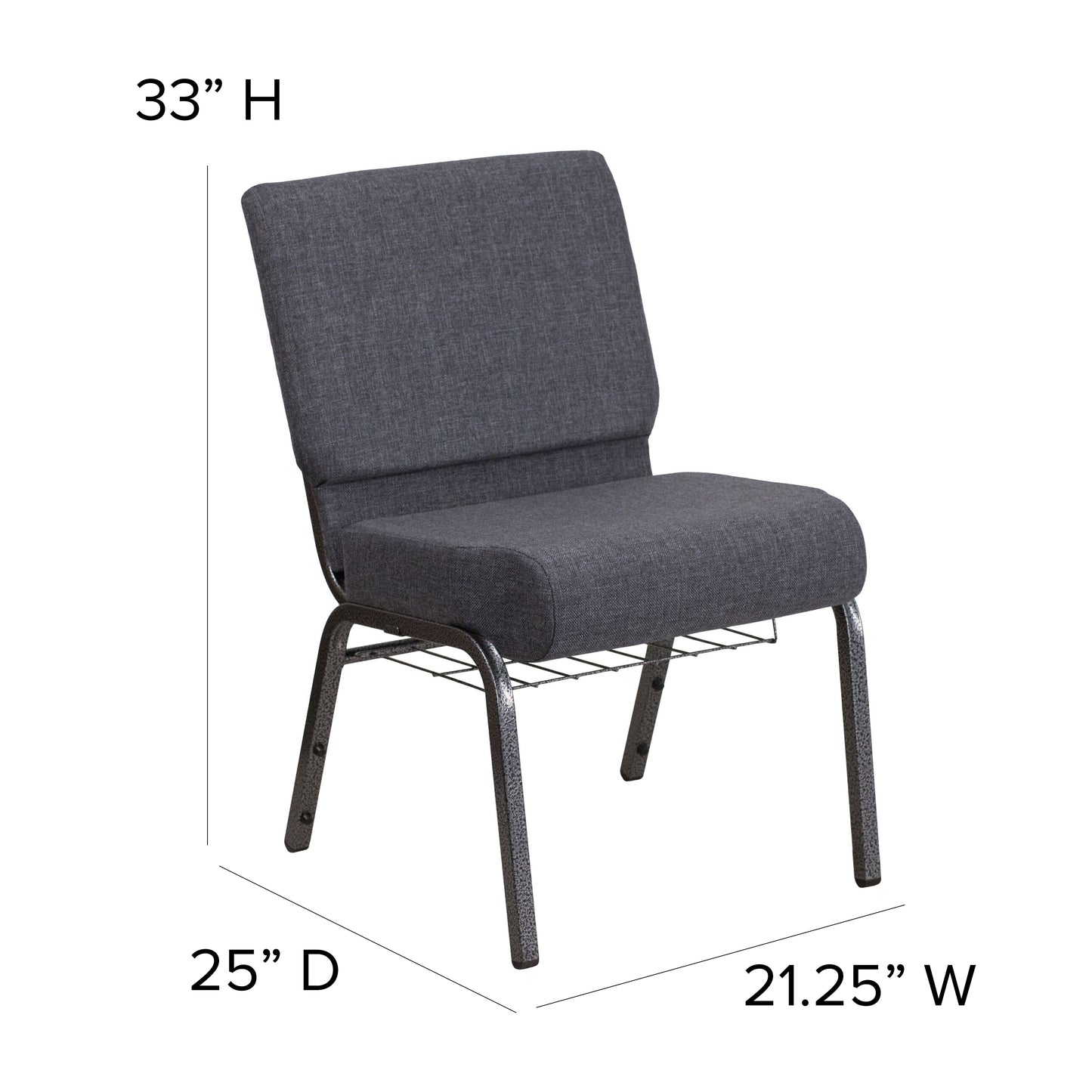 HERCULES Series 21''W Church Chair in Dark Gray Fabric with Book Rack - Silver Vein Frame Dark Gray Fabric/Silver Vein Frame