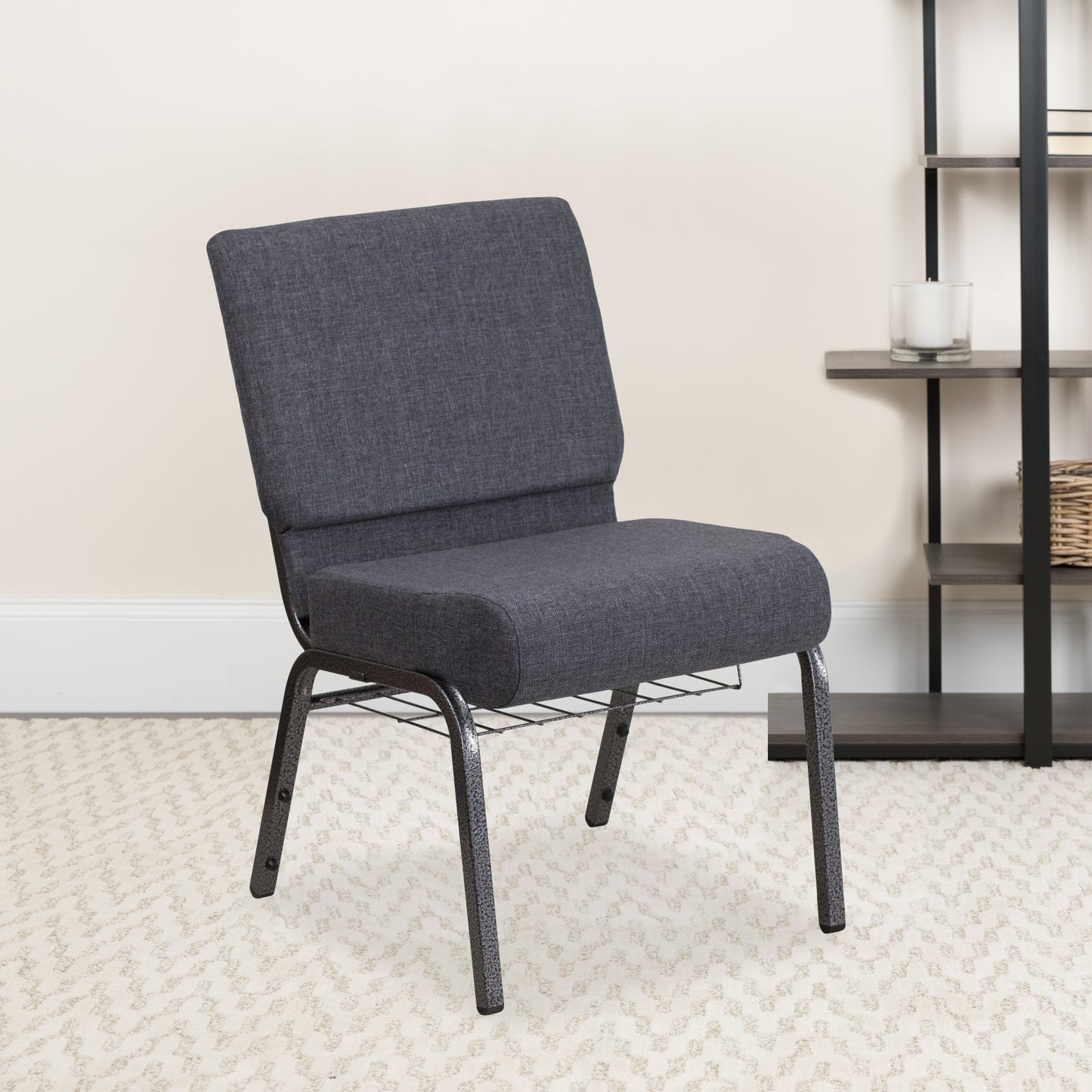 HERCULES Series 21''W Church Chair in Dark Gray Fabric with Book Rack - Silver Vein Frame Dark Gray Fabric/Silver Vein Frame