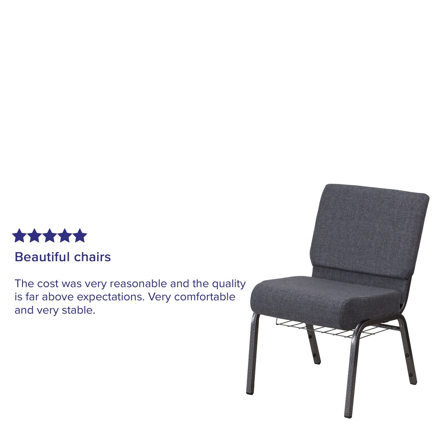HERCULES Series 21''W Church Chair in Dark Gray Fabric with Book Rack - Silver Vein Frame Dark Gray Fabric/Silver Vein Frame
