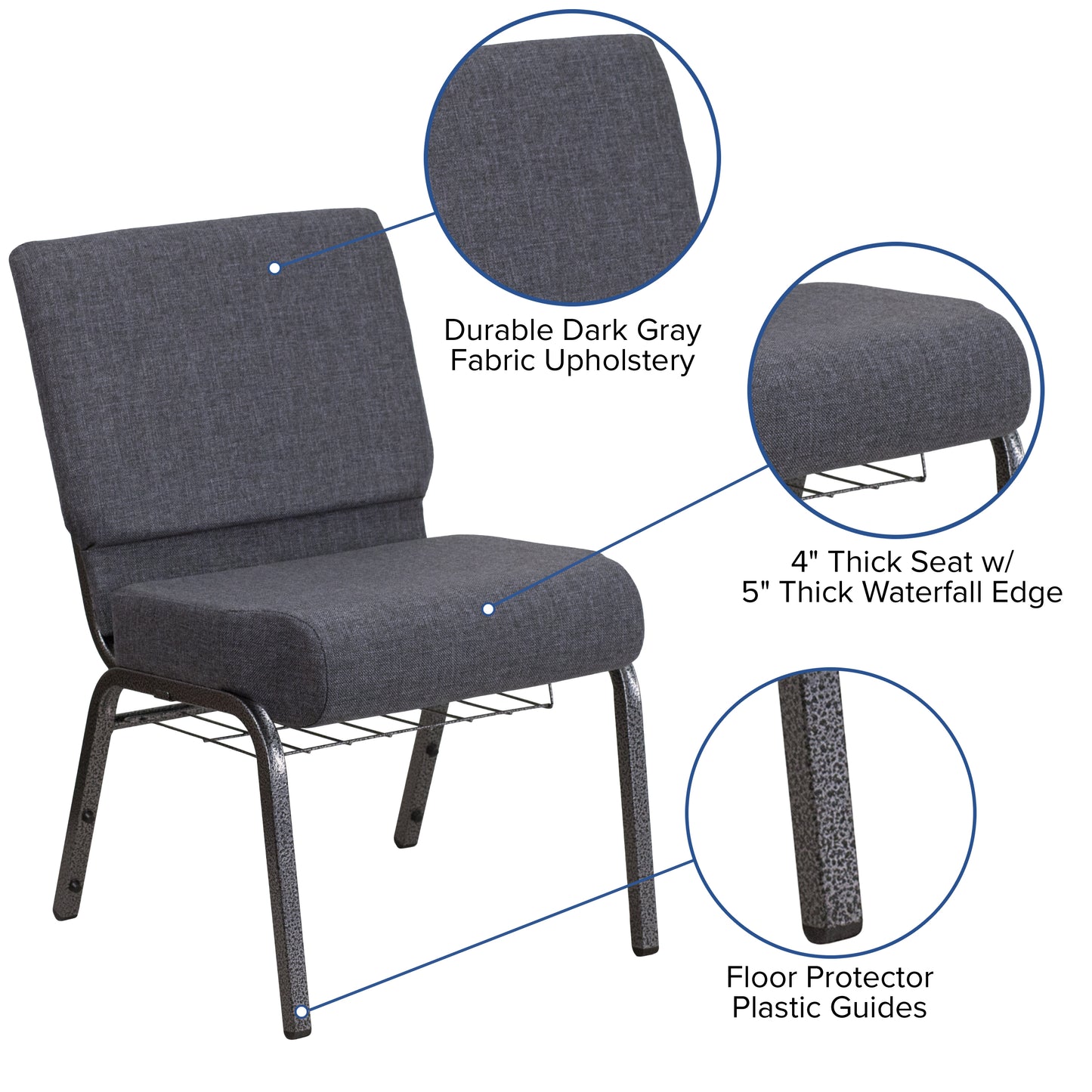 HERCULES Series 21''W Church Chair in Dark Gray Fabric with Book Rack - Silver Vein Frame Dark Gray Fabric/Silver Vein Frame
