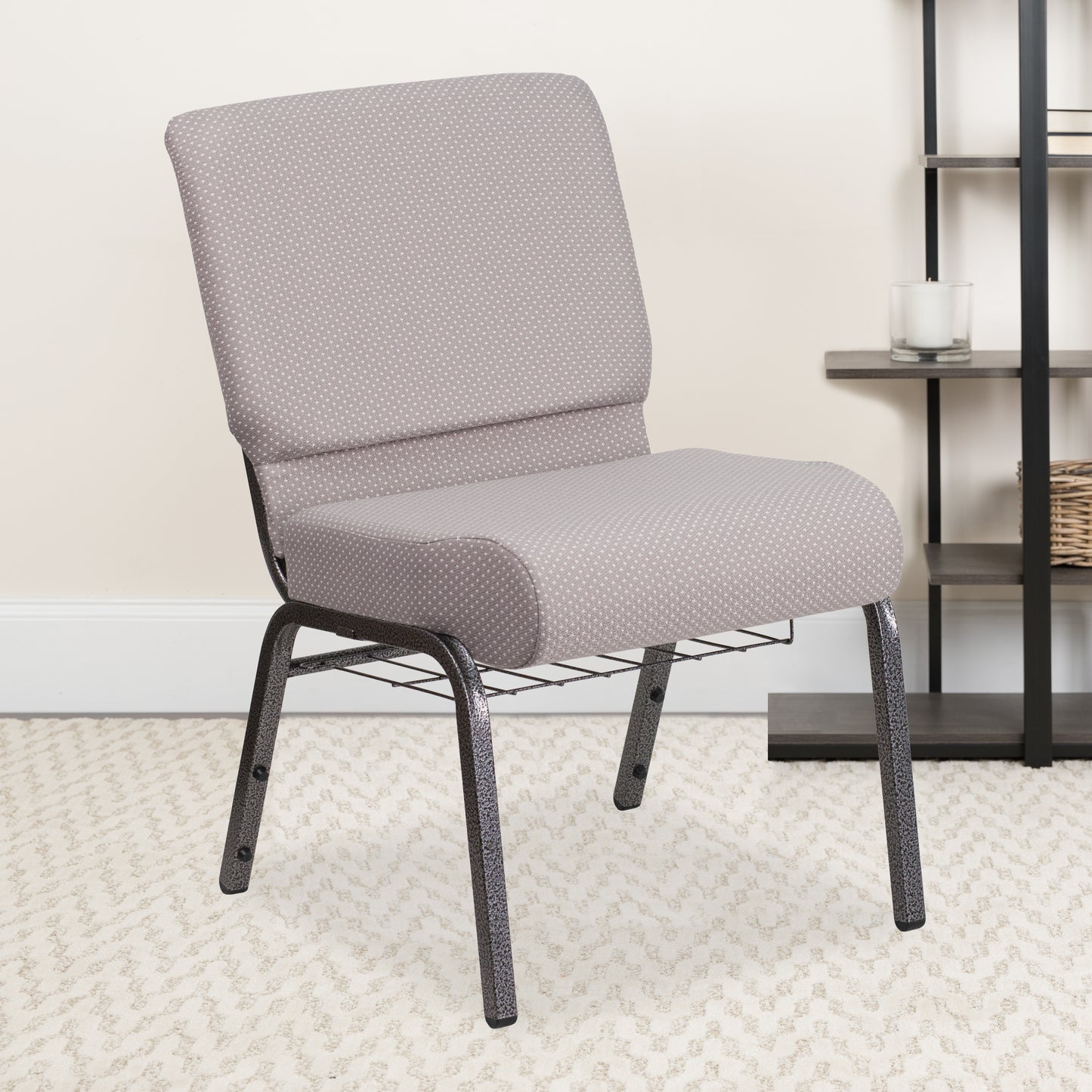 HERCULES Series 21''W Church Chair in Gray Dot Fabric with Book Rack - Silver Vein Frame Gray Dot Fabric/Silver Vein Frame