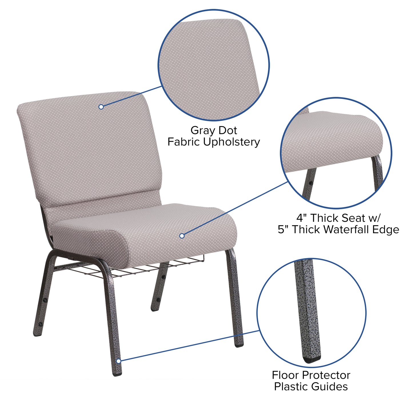 HERCULES Series 21''W Church Chair in Gray Dot Fabric with Book Rack - Silver Vein Frame Gray Dot Fabric/Silver Vein Frame