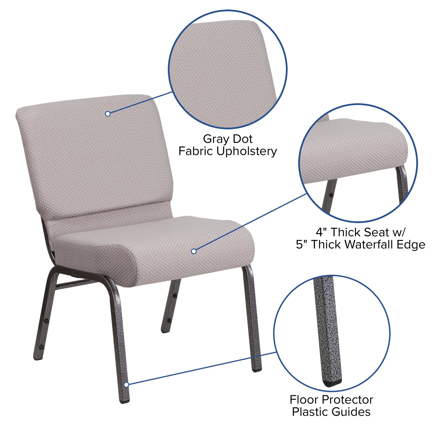 HERCULES Series 21''W Church Chair in Gray Dot Fabric - Silver Vein Frame Gray Dot Fabric/Silver Vein Frame
