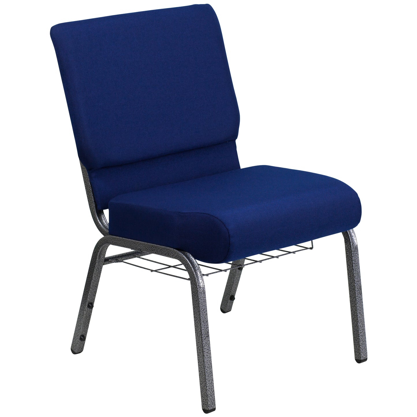 HERCULES Series 21''W Church Chair in Navy Blue Fabric with Cup Book Rack - Silver Vein Frame Navy Blue Fabric/Silver Vein Frame