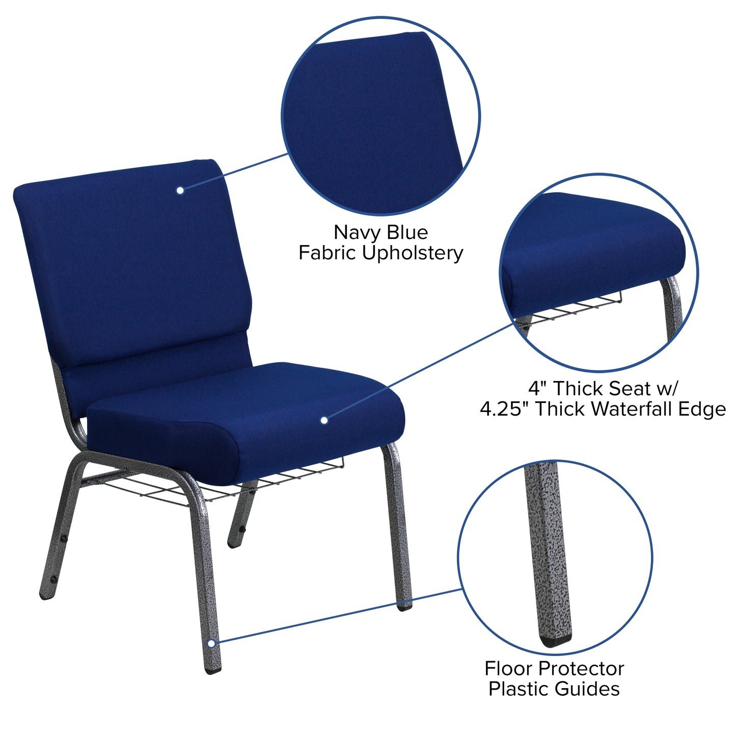 HERCULES Series 21''W Church Chair in Navy Blue Fabric with Cup Book Rack - Silver Vein Frame Navy Blue Fabric/Silver Vein Frame