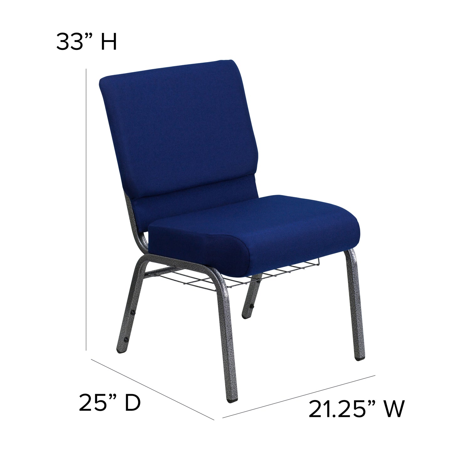HERCULES Series 21''W Church Chair in Navy Blue Fabric with Cup Book Rack - Silver Vein Frame Navy Blue Fabric/Silver Vein Frame