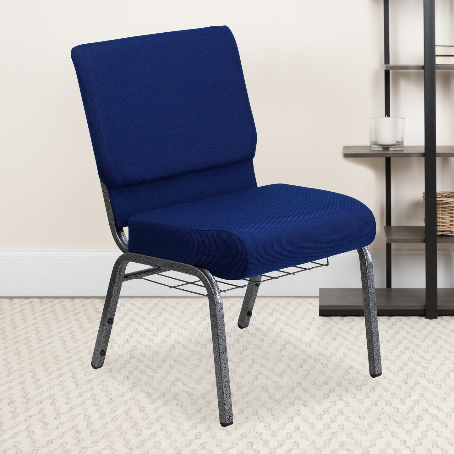 HERCULES Series 21''W Church Chair in Navy Blue Fabric with Cup Book Rack - Silver Vein Frame Navy Blue Fabric/Silver Vein Frame