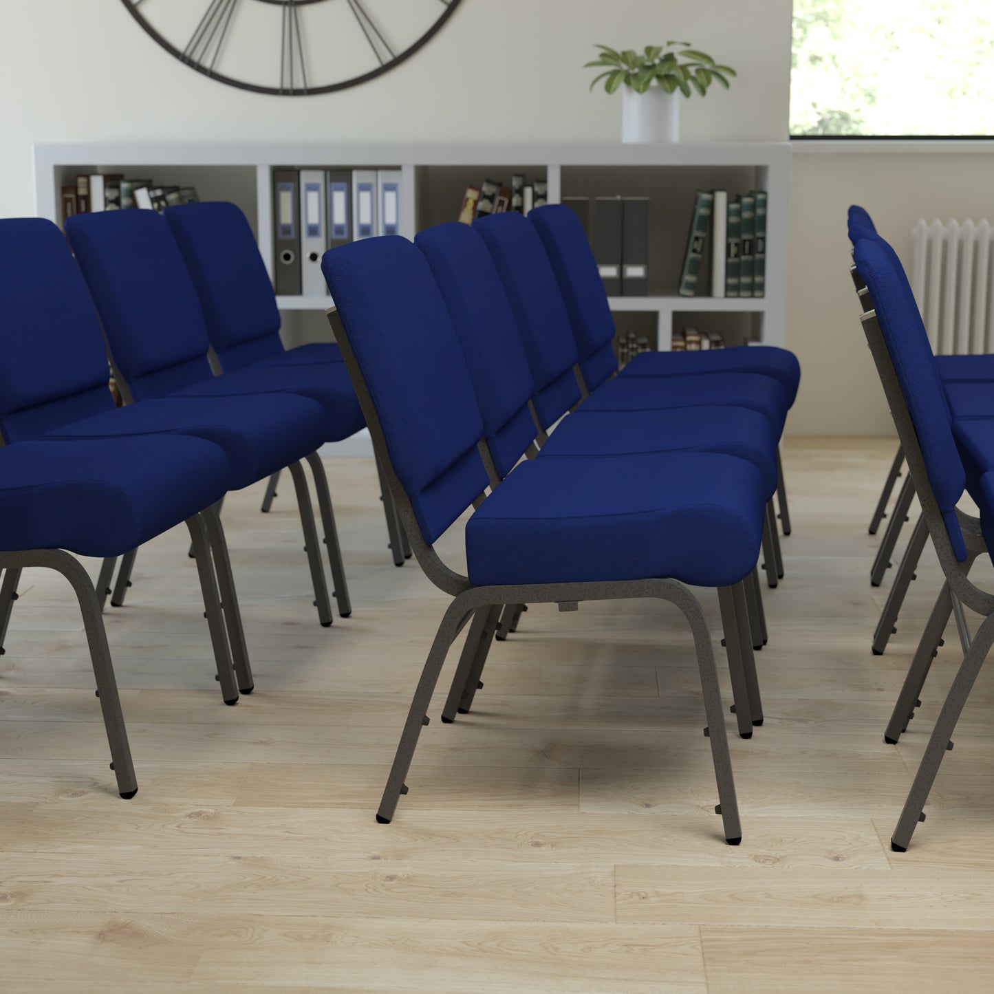 HERCULES Series 21''W Stacking Church Chair in Navy Blue Fabric - Silver Vein Frame Navy Blue Fabric/Silver Vein Frame