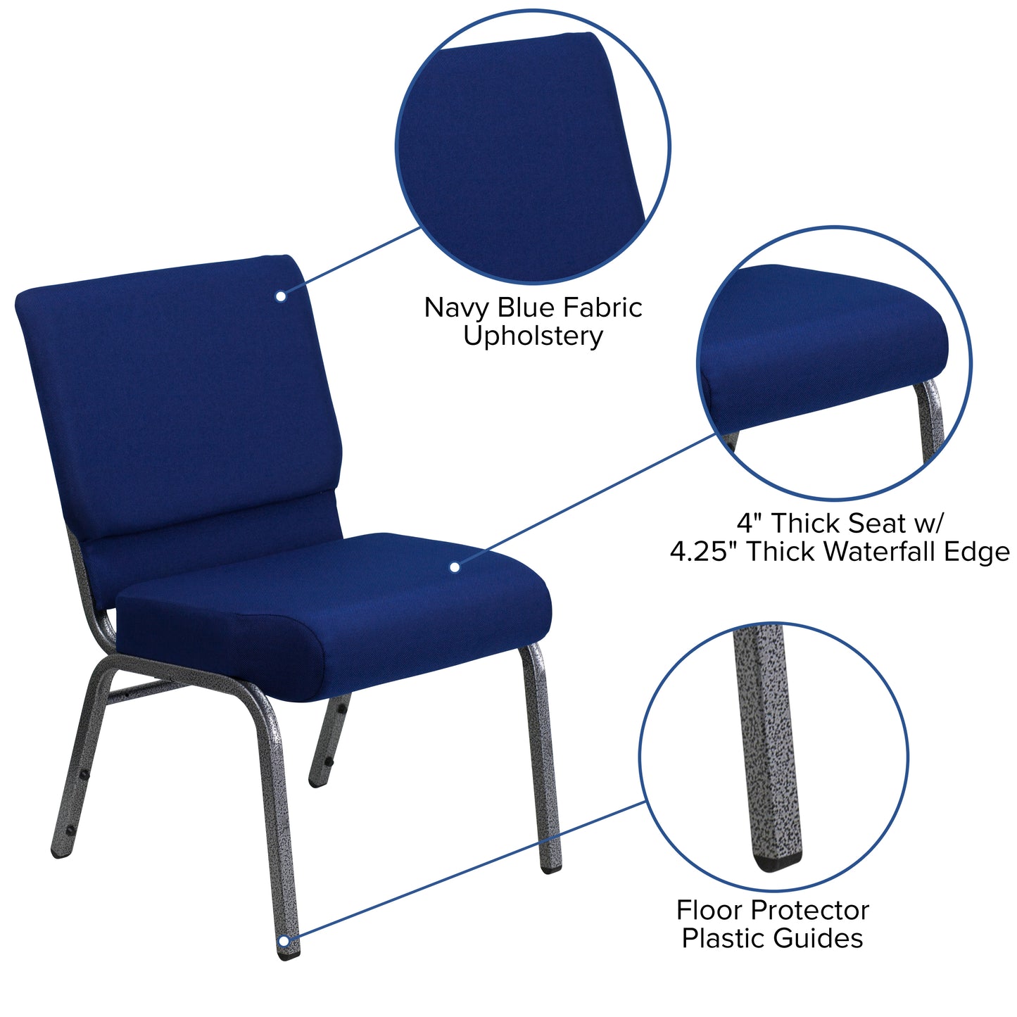 HERCULES Series 21''W Stacking Church Chair in Navy Blue Fabric - Silver Vein Frame Navy Blue Fabric/Silver Vein Frame