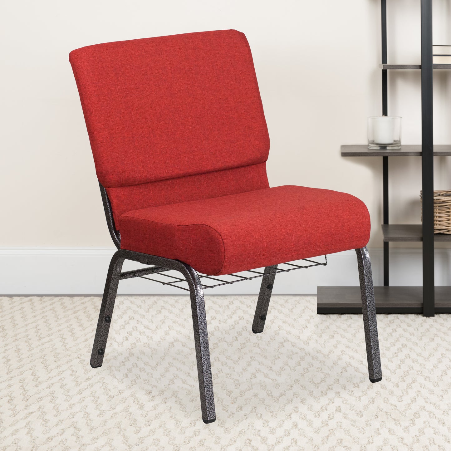 HERCULES Series 21''W Church Chair in Crimson Fabric with Cup Book Rack - Silver Vein Frame Crimson Fabric/Silver Vein Frame