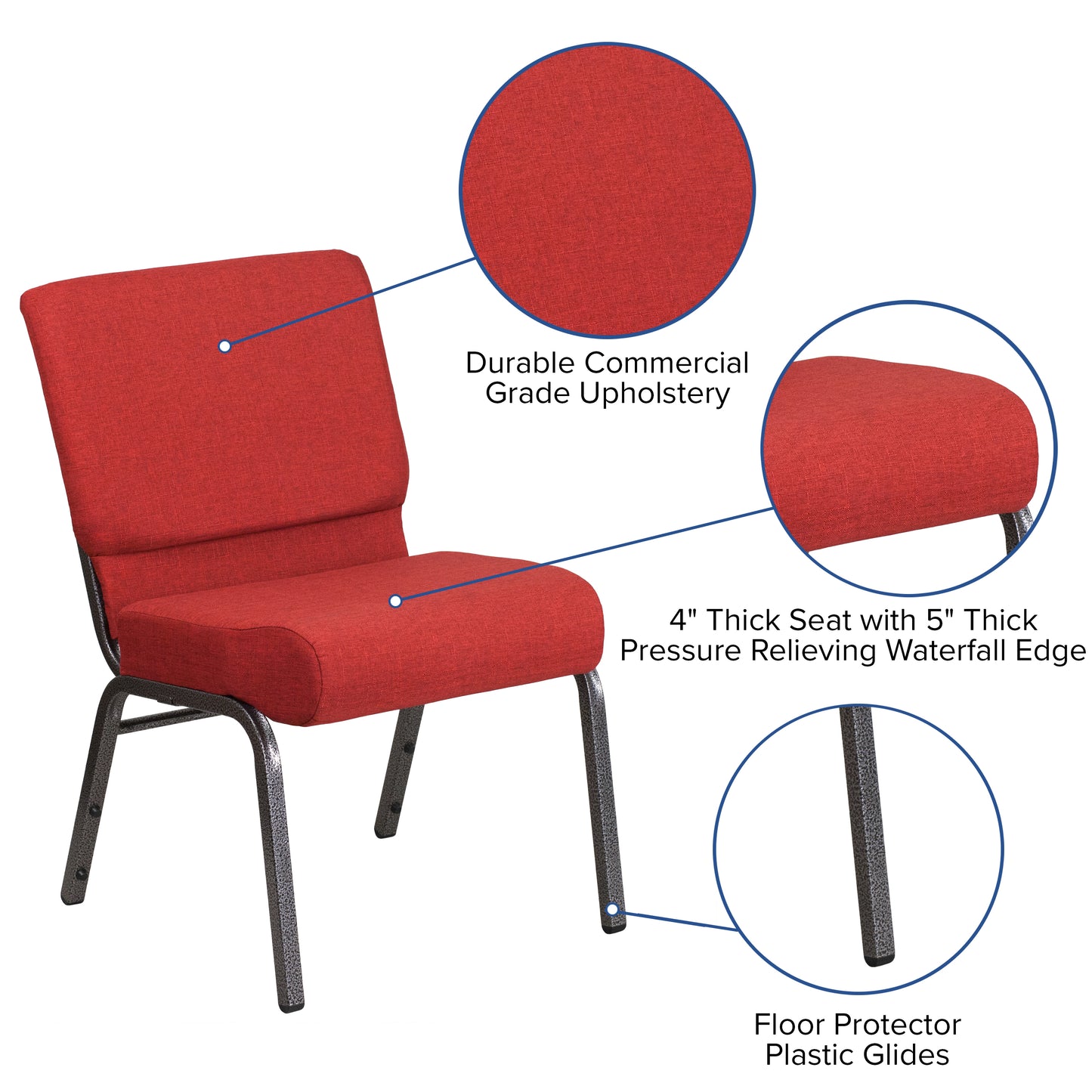 HERCULES Series 21''W Stacking Church Chair in Crimson Fabric - Silver Vein Frame Crimson Fabric/Silver Vein Frame
